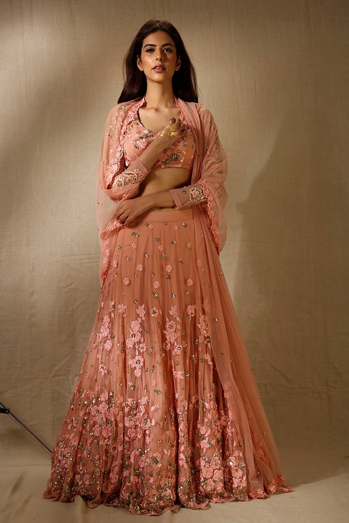 Peach Pink With Gold Flower Thread Work Lehenga Set