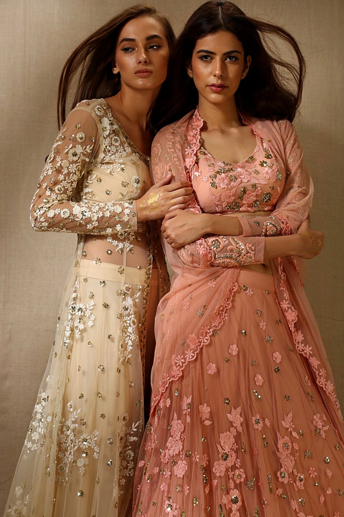 Peach Pink With Gold Flower Thread Work Lehenga Set