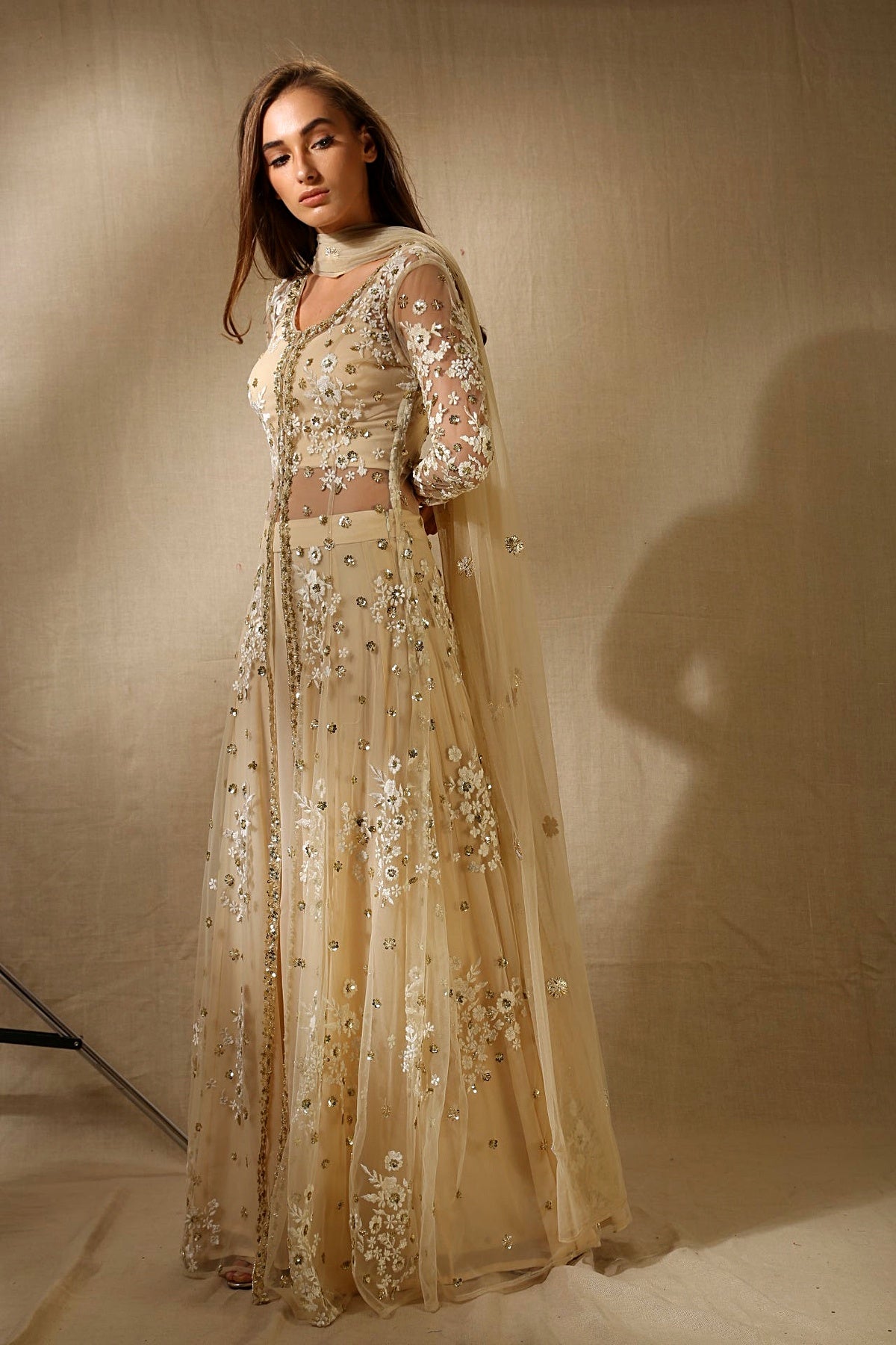 Off White With Gold Sequence Work Front Open Jacket Set