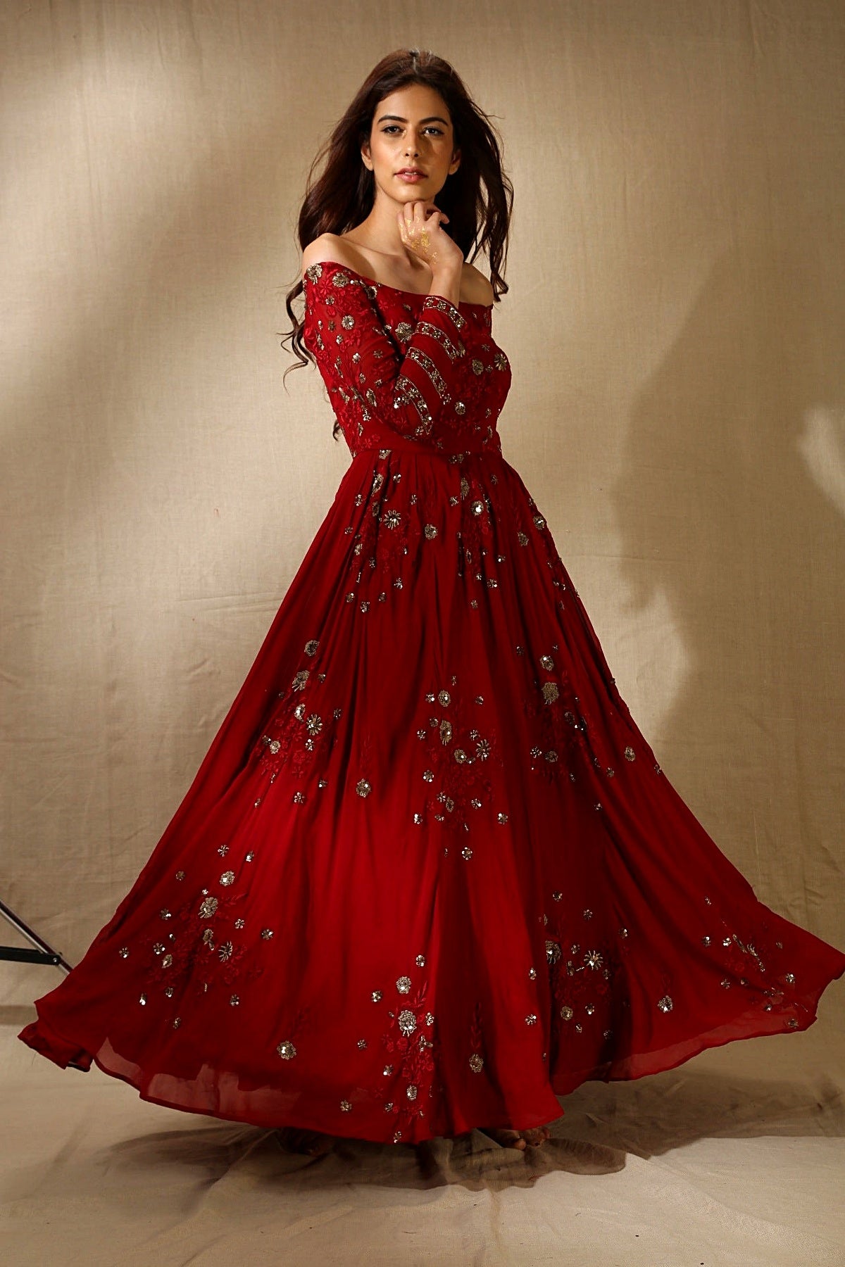 Maroon Georjette Off-Shoulder Thread Work Anarkali Set