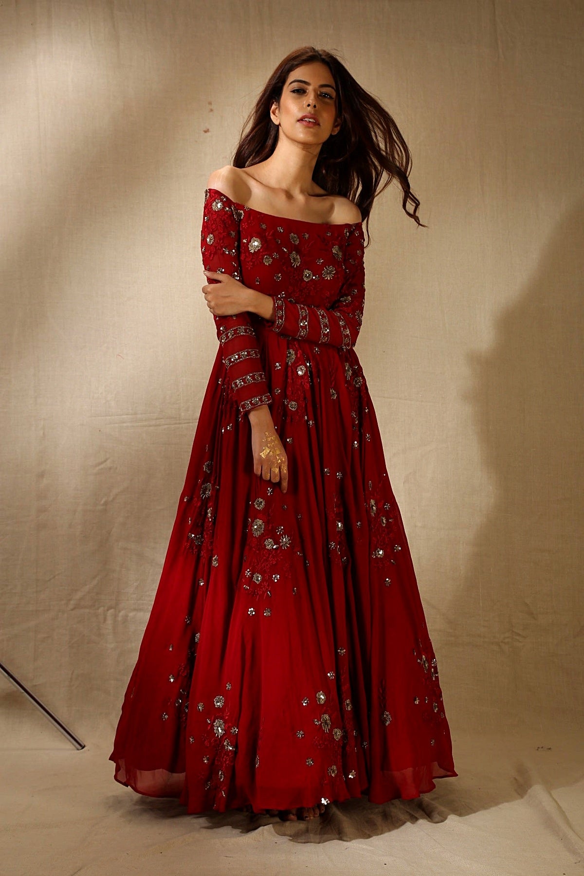 Maroon Georjette Off-Shoulder Thread Work Anarkali Set
