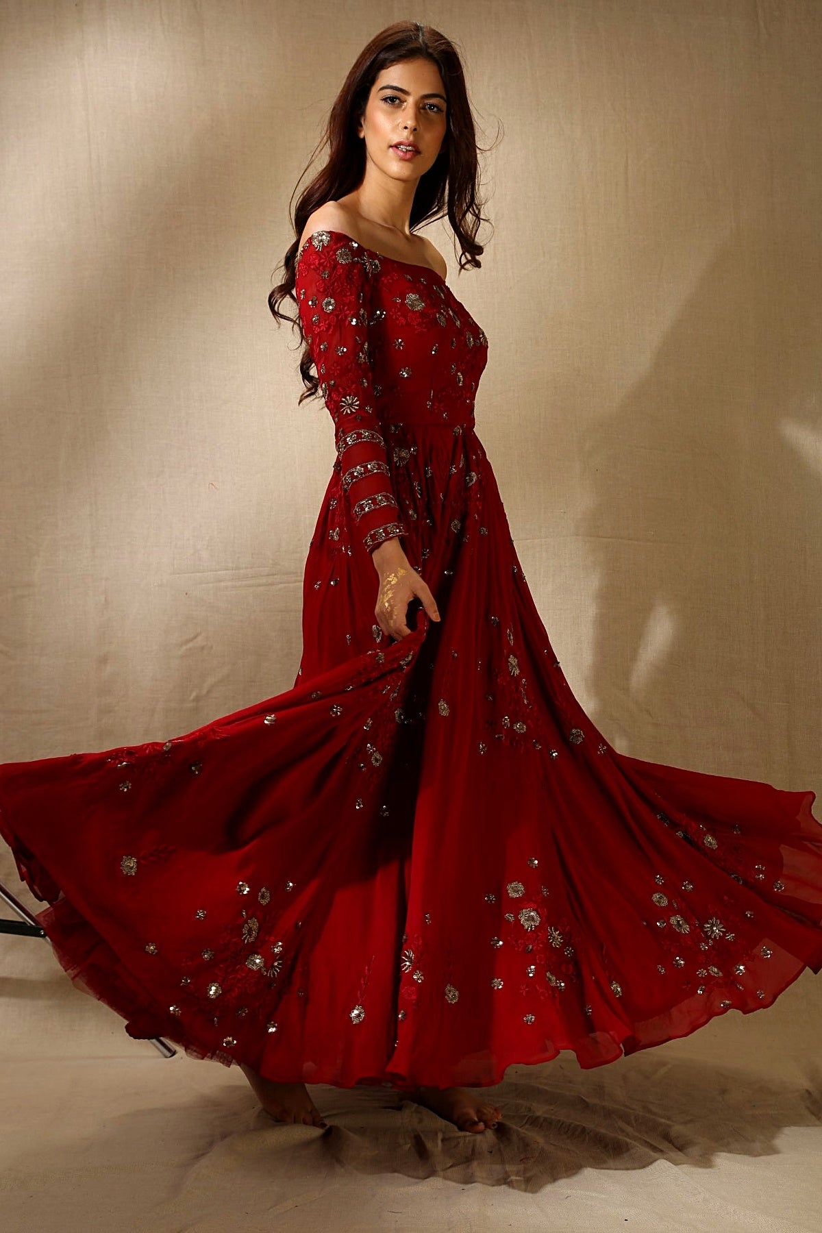 Maroon Georjette Off-Shoulder Thread Work Anarkali Set