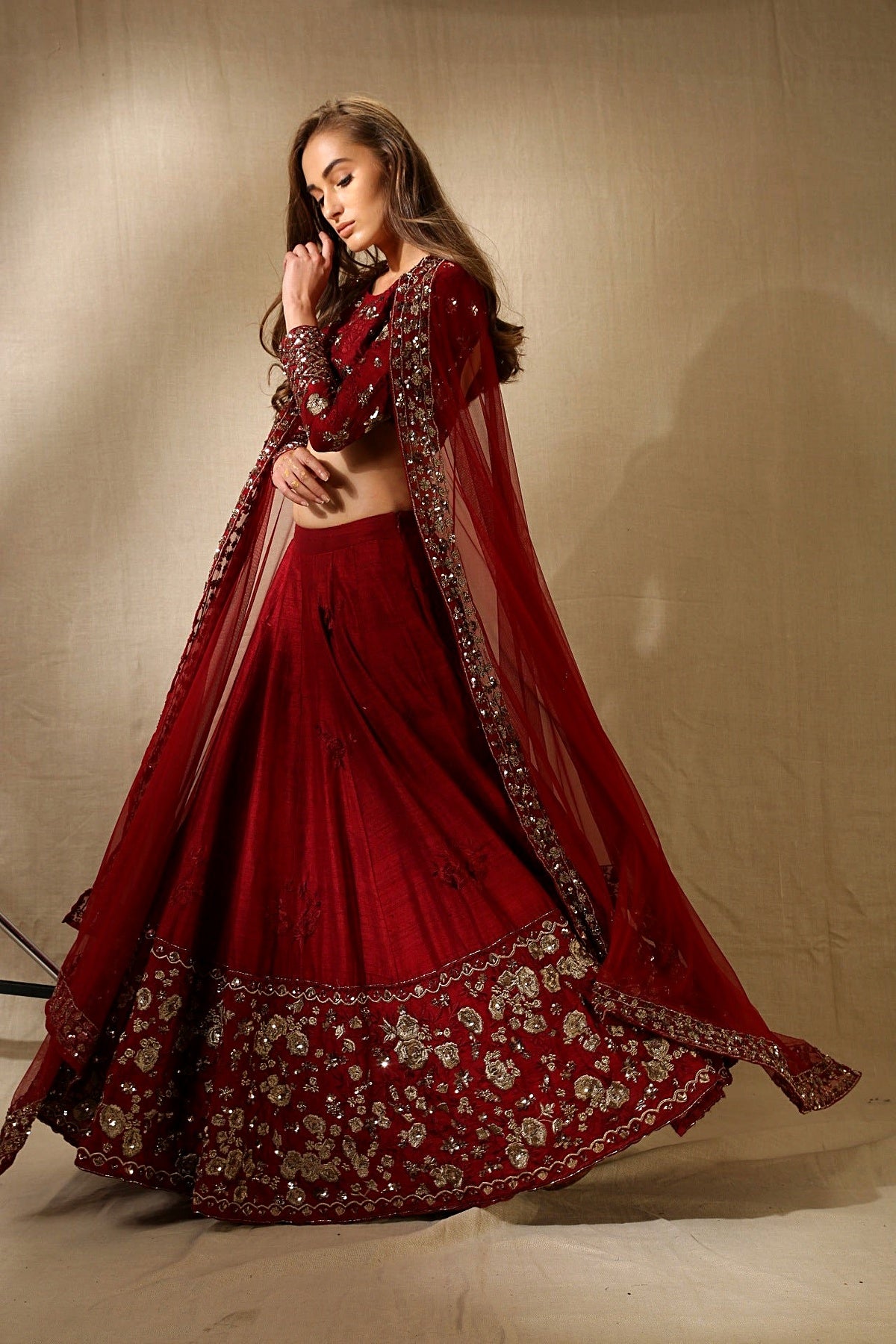 Maroon Rawsilk Thread With Zari Work Lehenga Set