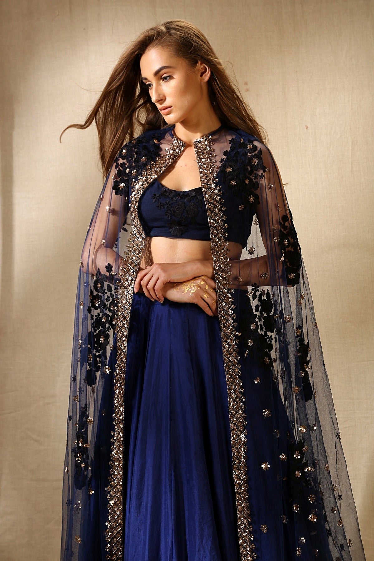 Navy Blue Silk Off-Shoulder Crop Top With Cape Lehenga Set