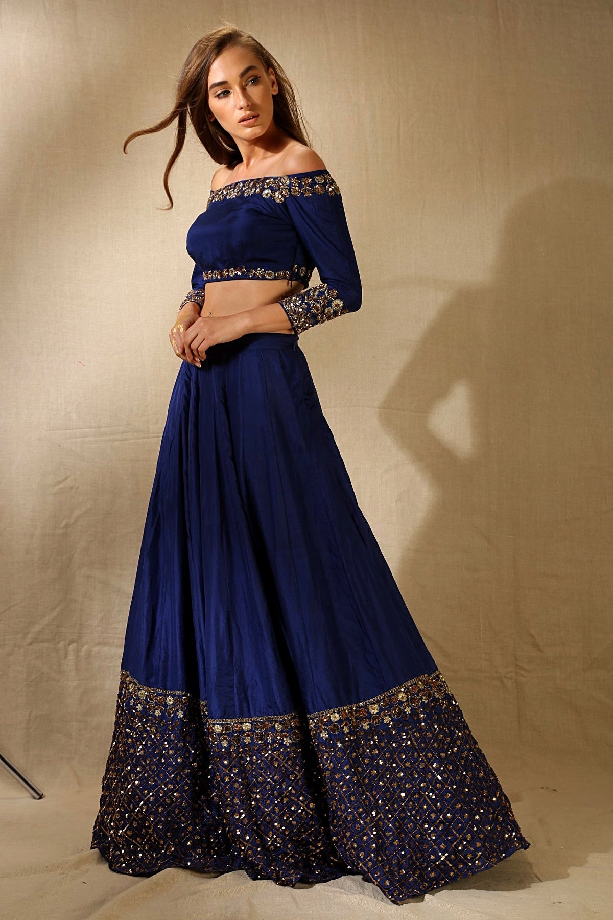 Navy Blue Silk With Antique Work Off-Shoulder Crop Top Lehenga Set