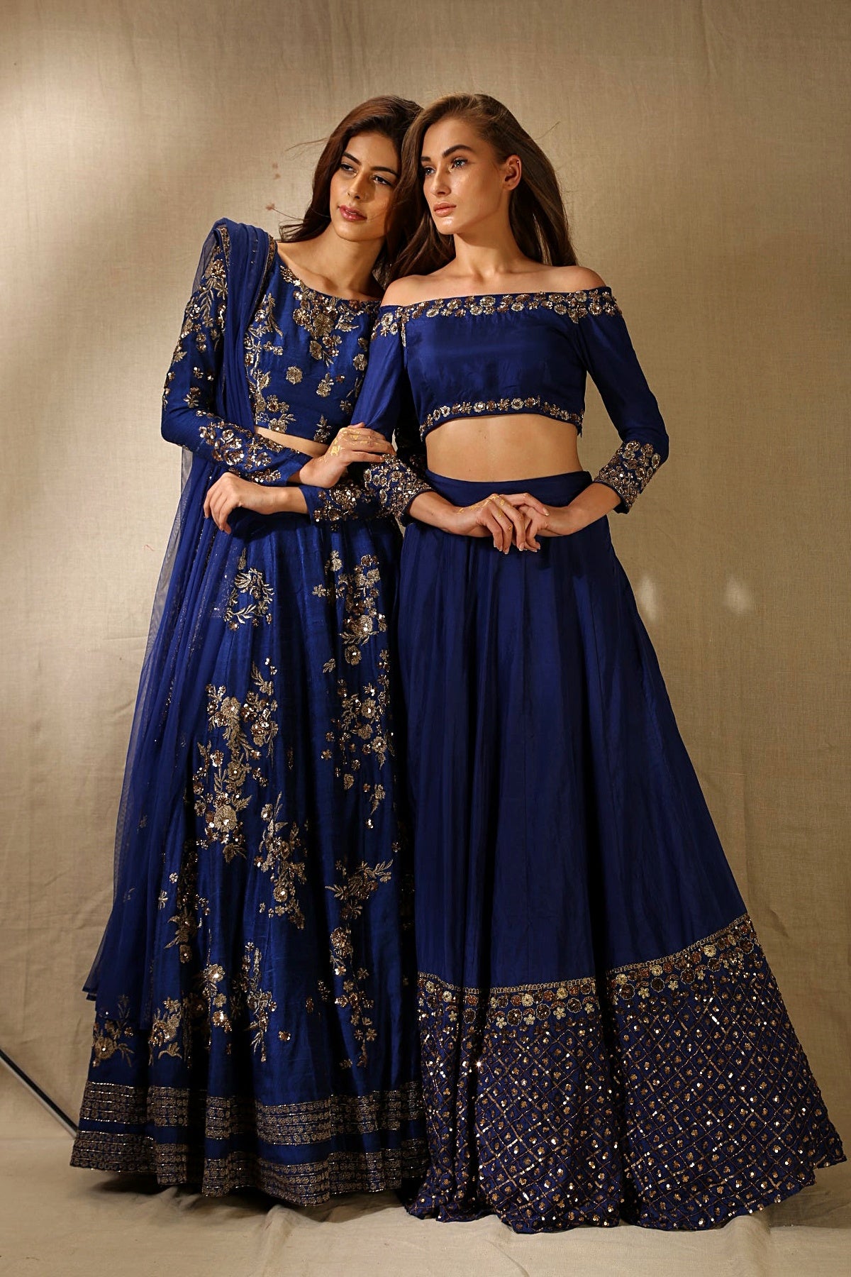 Navy Blue Silk With Antique Work Off-Shoulder Crop Top Lehenga Set