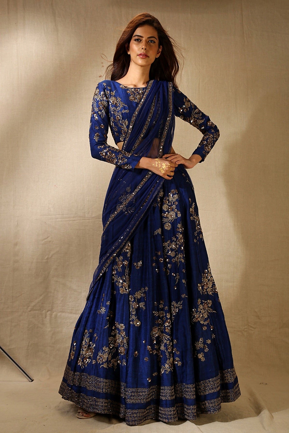 Navy Blue Rawsilk With Antique Work Lehenga Set