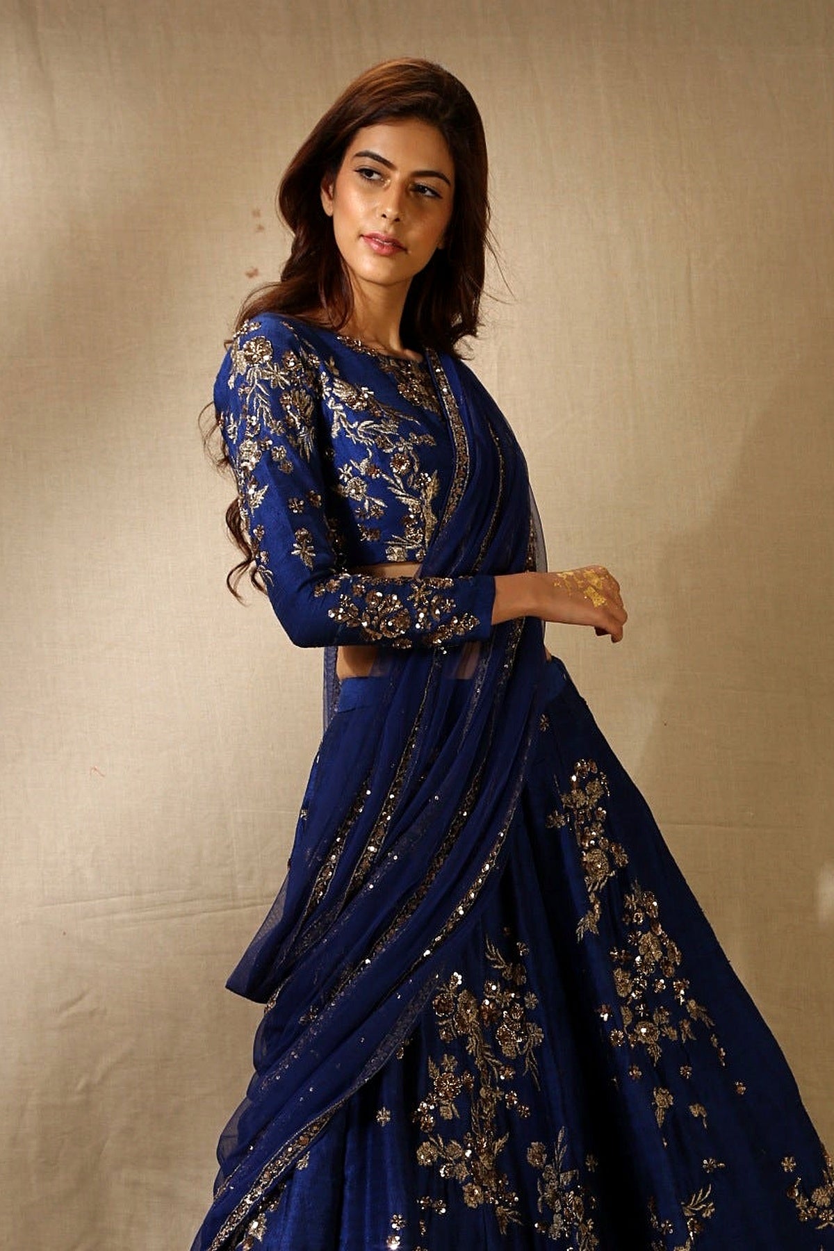 Navy Blue Rawsilk With Antique Work Lehenga Set
