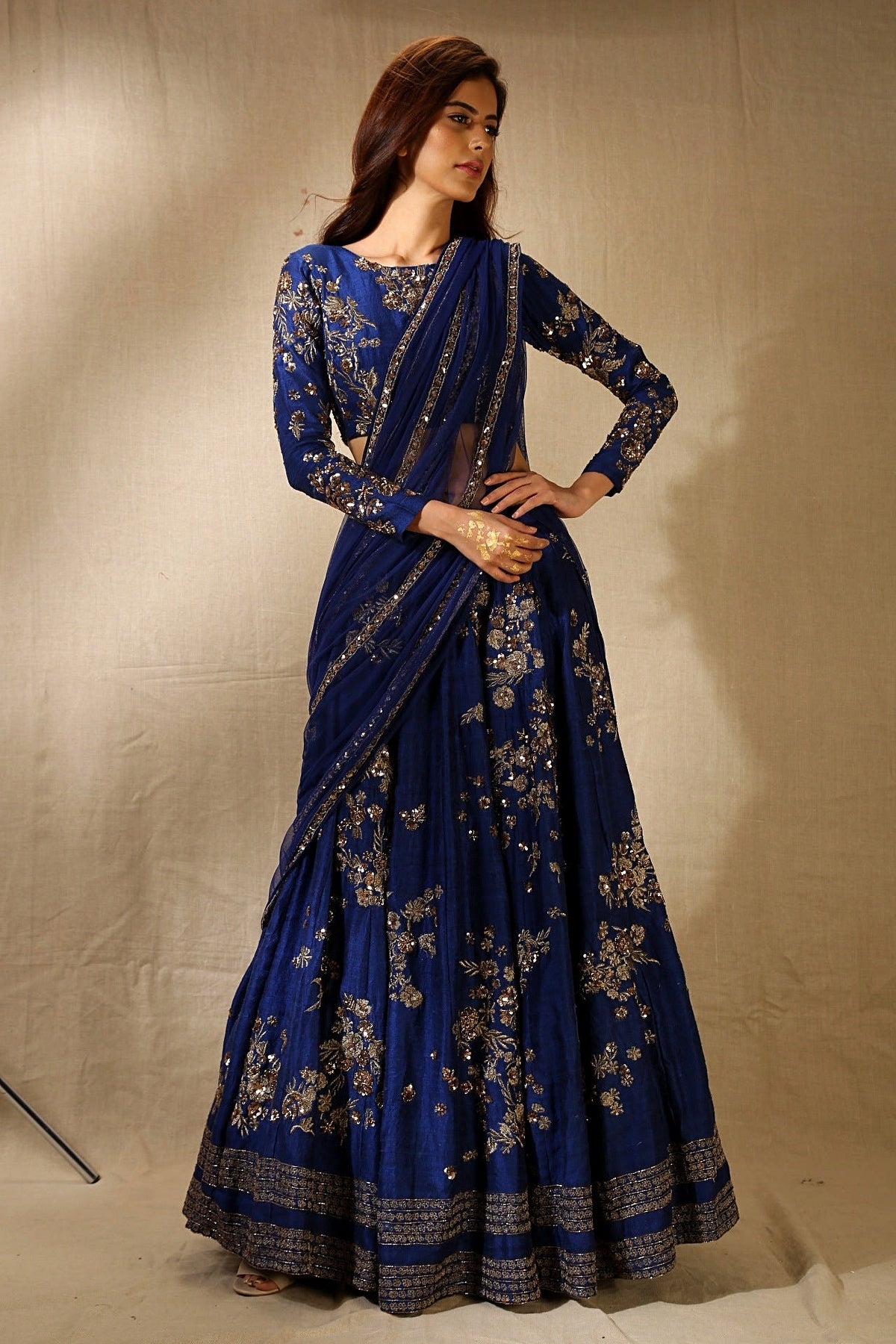 Navy Blue Rawsilk With Antique Work Lehenga Set