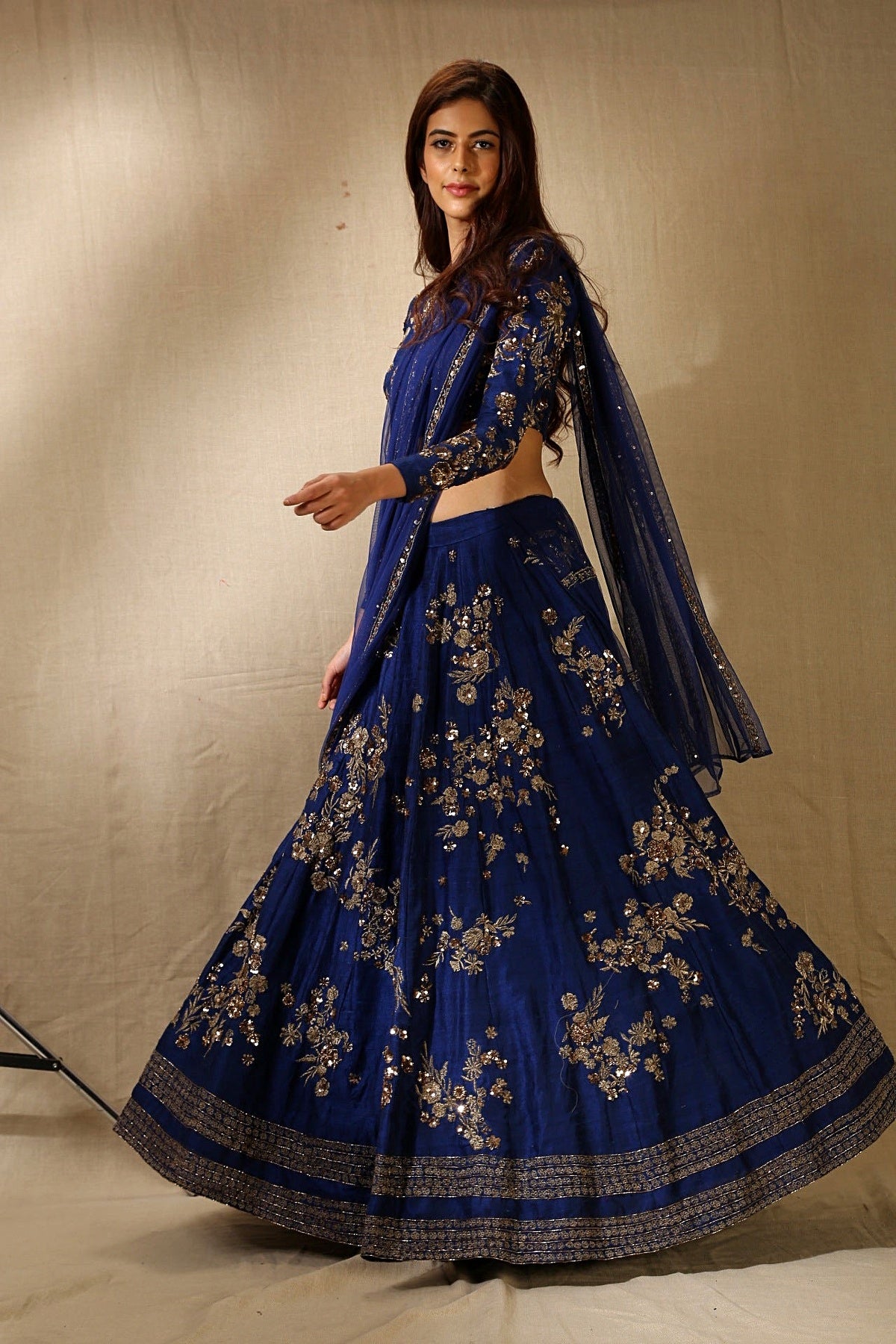 Navy Blue Rawsilk With Antique Work Lehenga Set