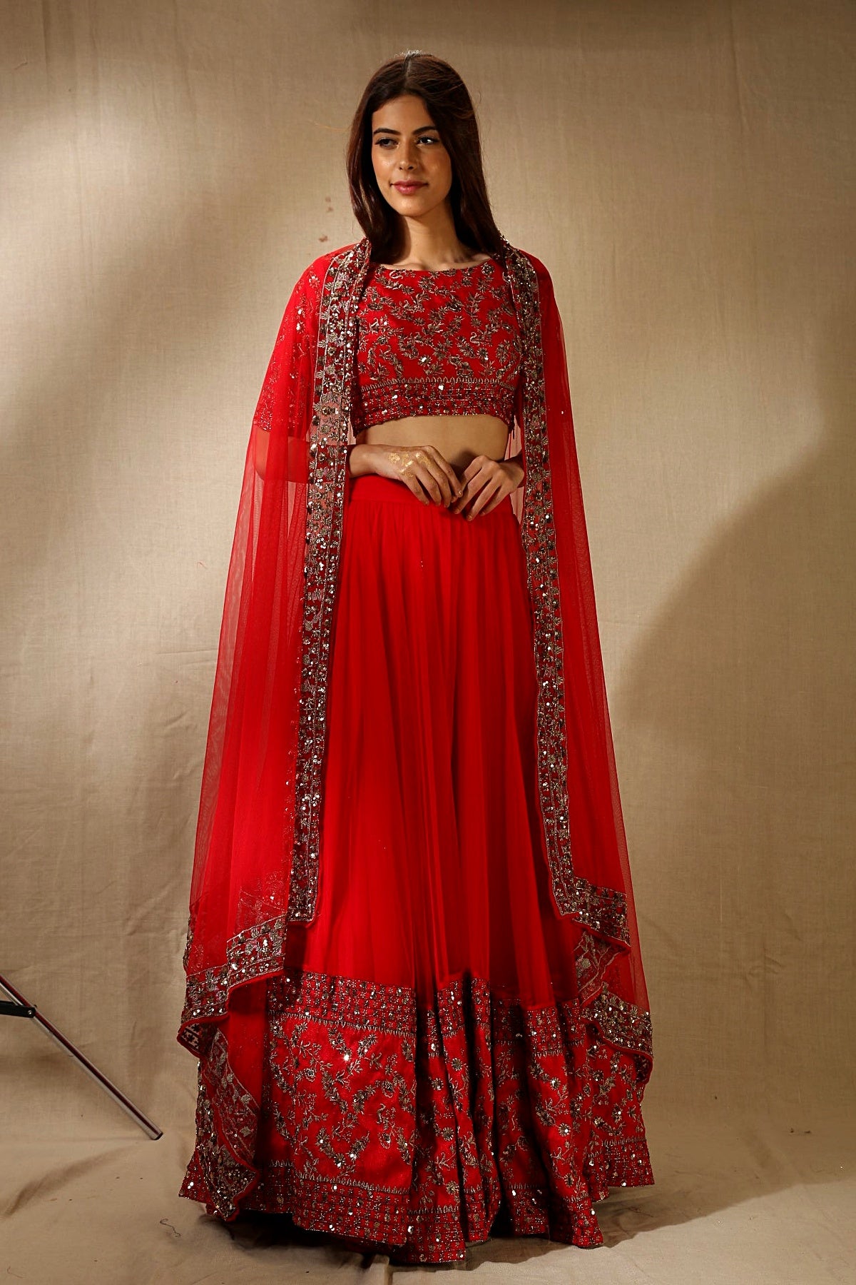 Red Net Antique Border Work Lehenga Set