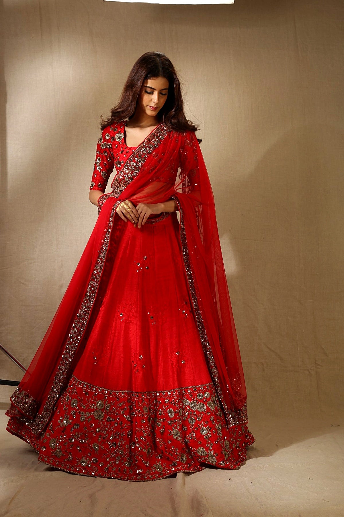 Red Rawsilk Thread With Zari Work Lehenga Set