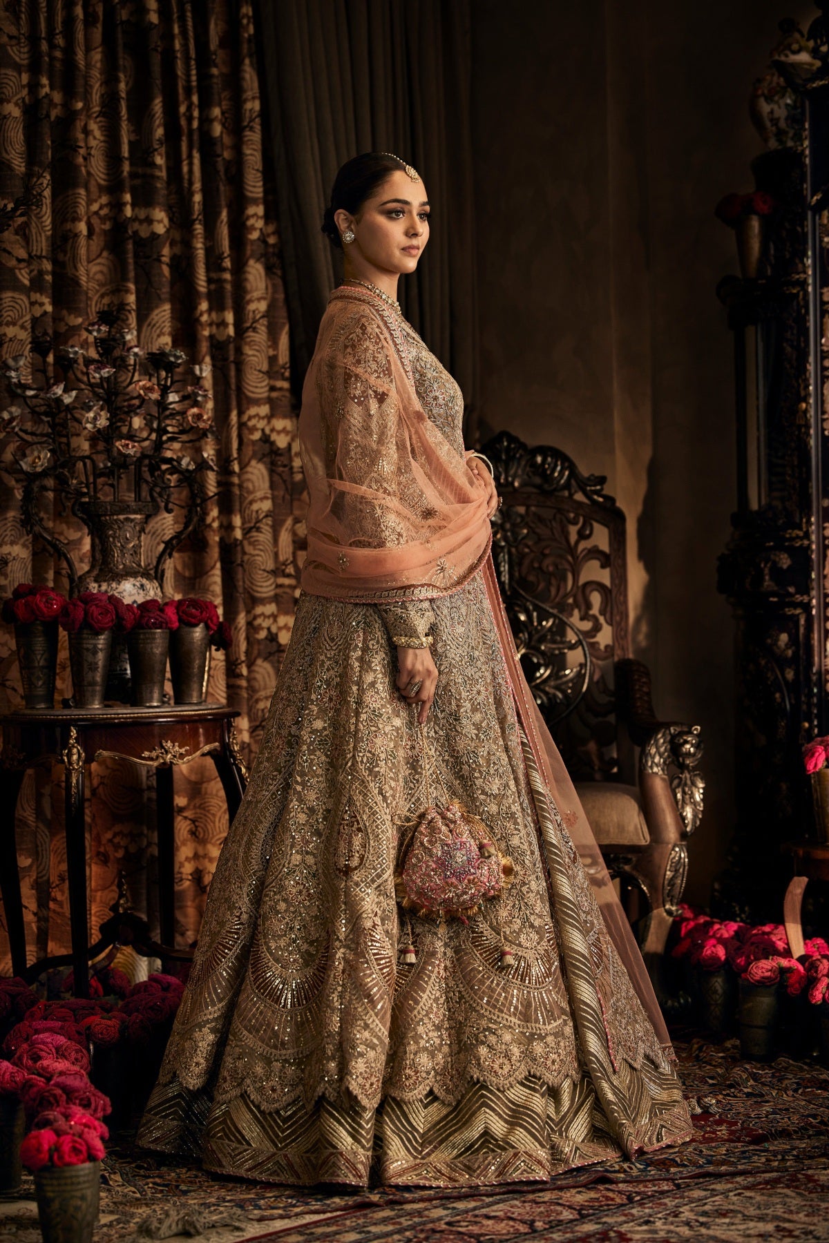 Beige Grey Tulle Kalidar Jacket With Skirt