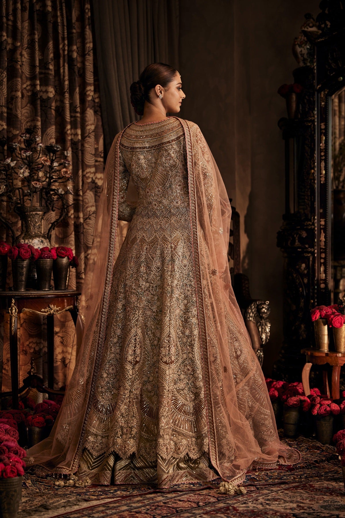 Beige Grey Tulle Kalidar Jacket With Skirt
