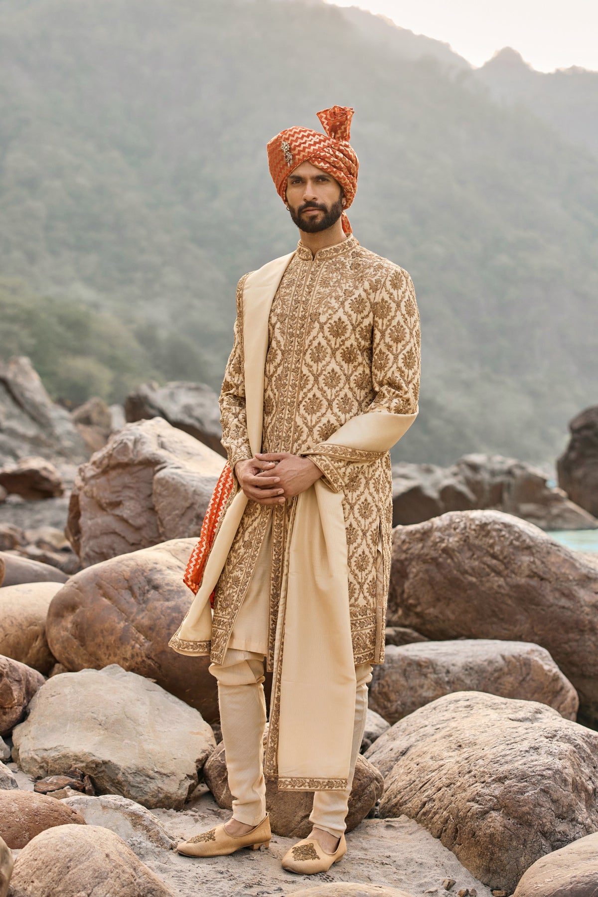 Beige Zardozi Sherwani Set