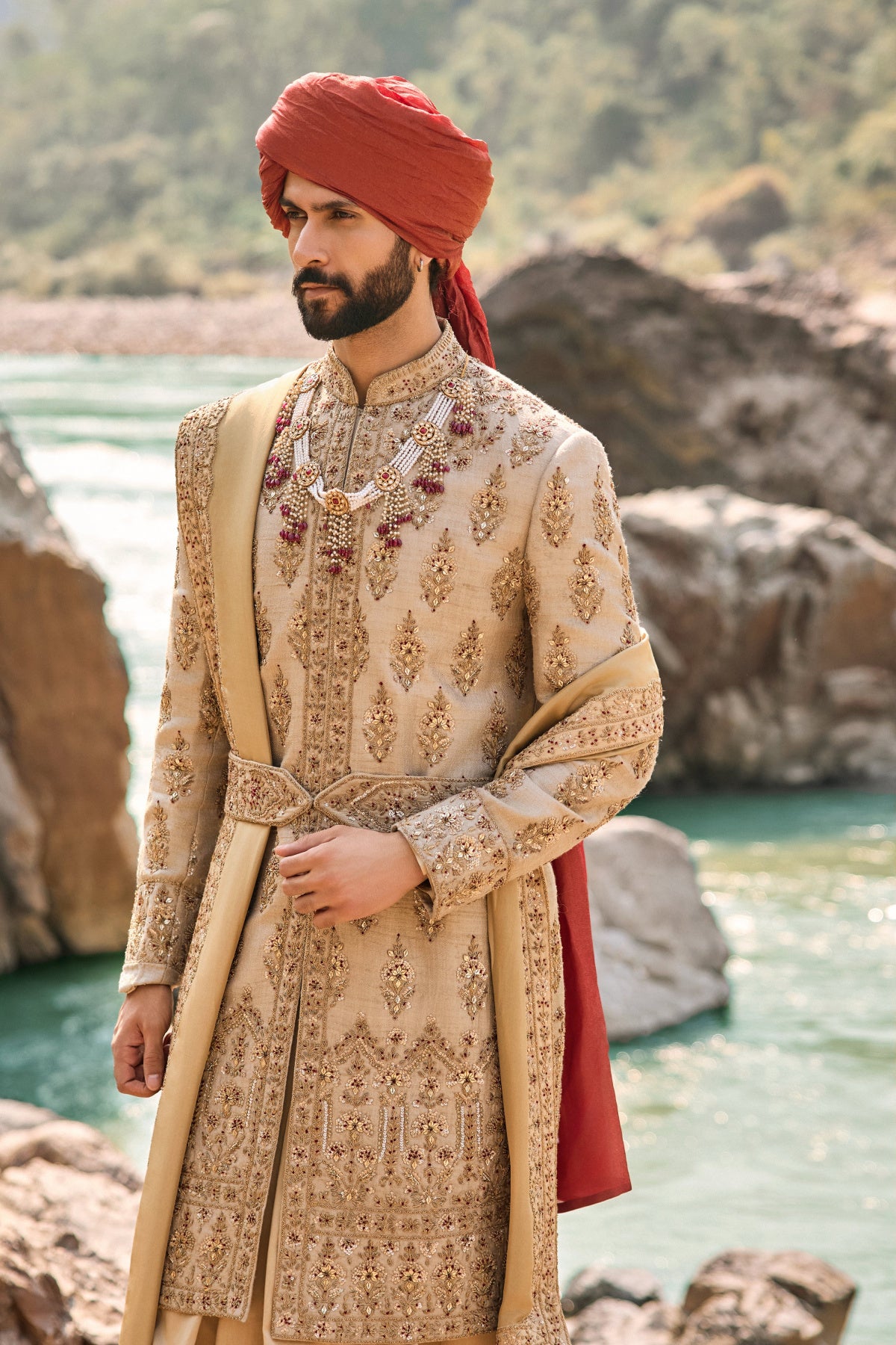 Gold Twill Matka Sherwani Set