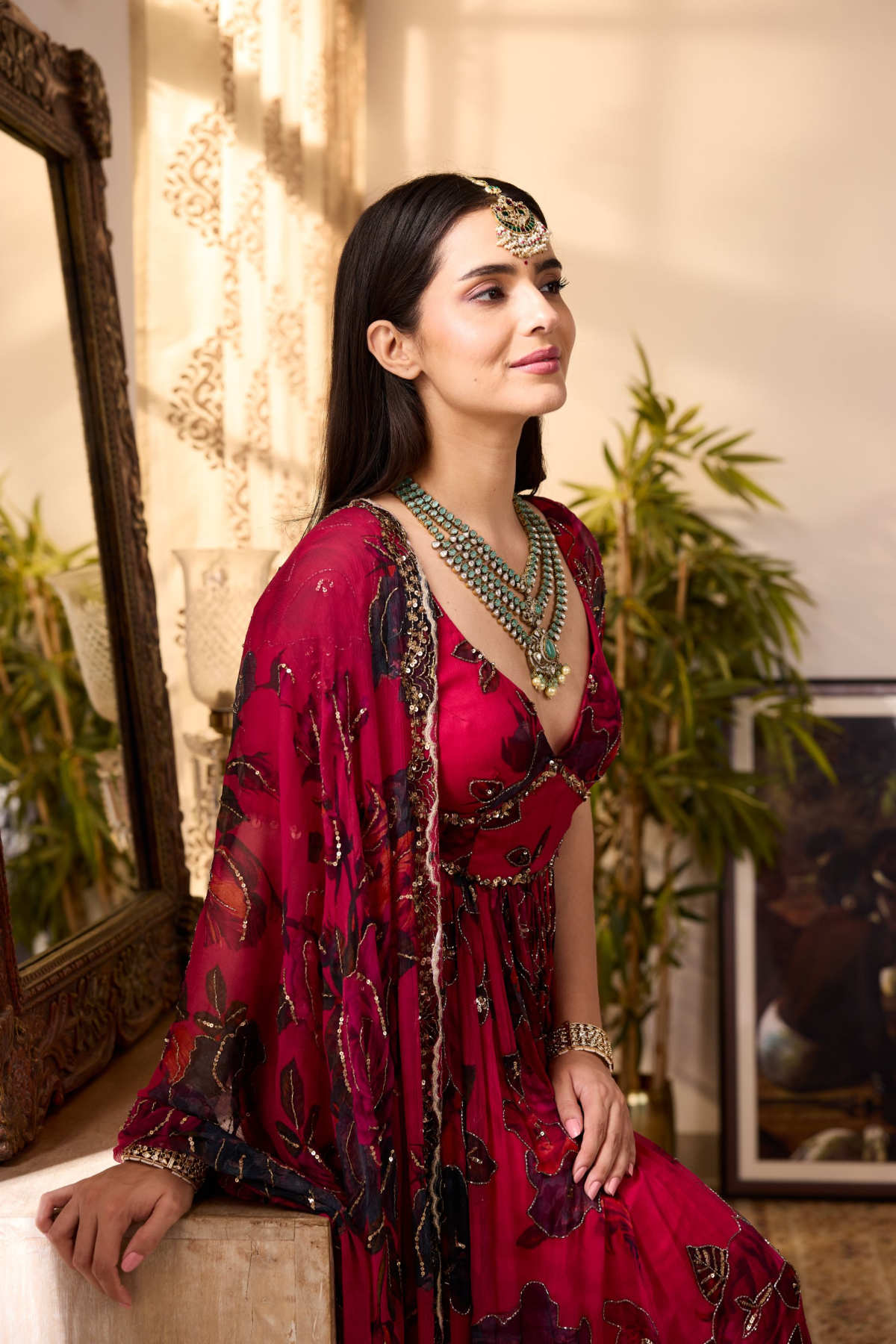 CARAMINE PINK CHIFFON FLORAL ANARKALI