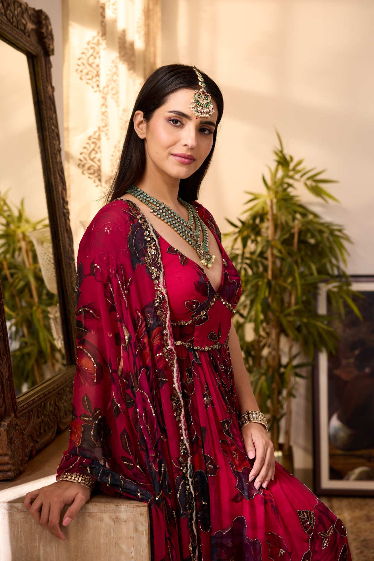 CARAMINE PINK CHIFFON FLORAL ANARKALI