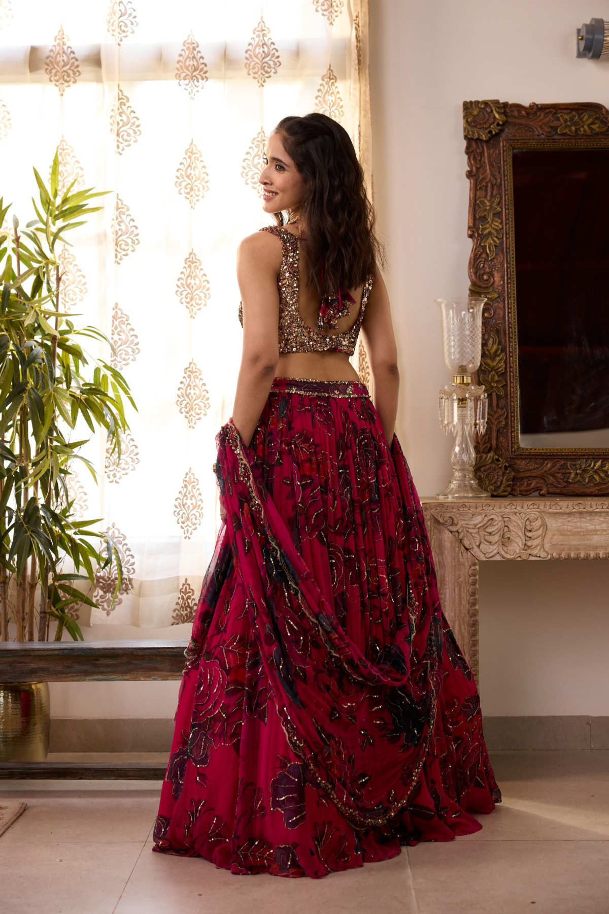CARAMINE PINK CHIFFON FLORAL LEHENGA