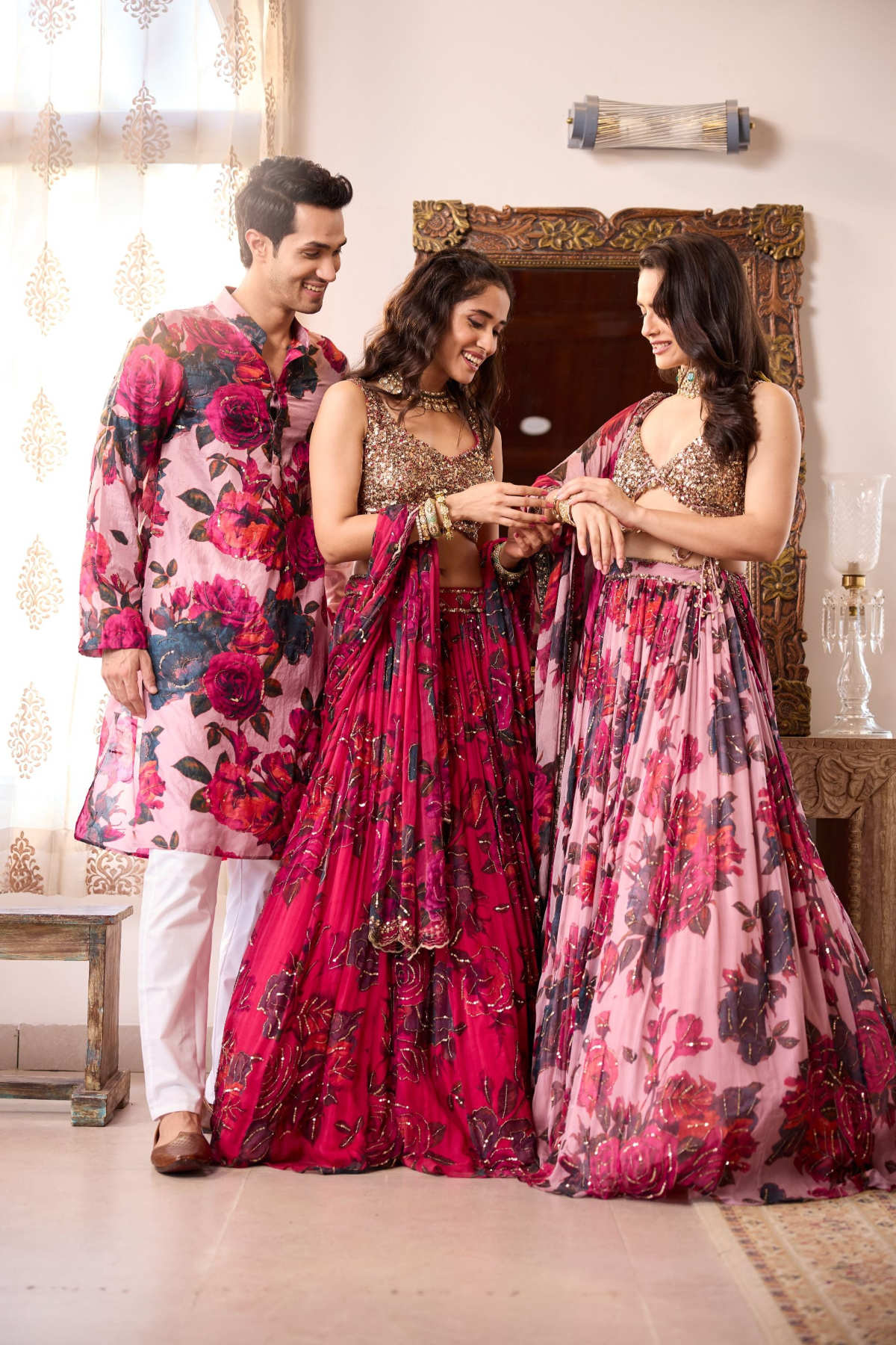CARAMINE PINK CHIFFON FLORAL LEHENGA