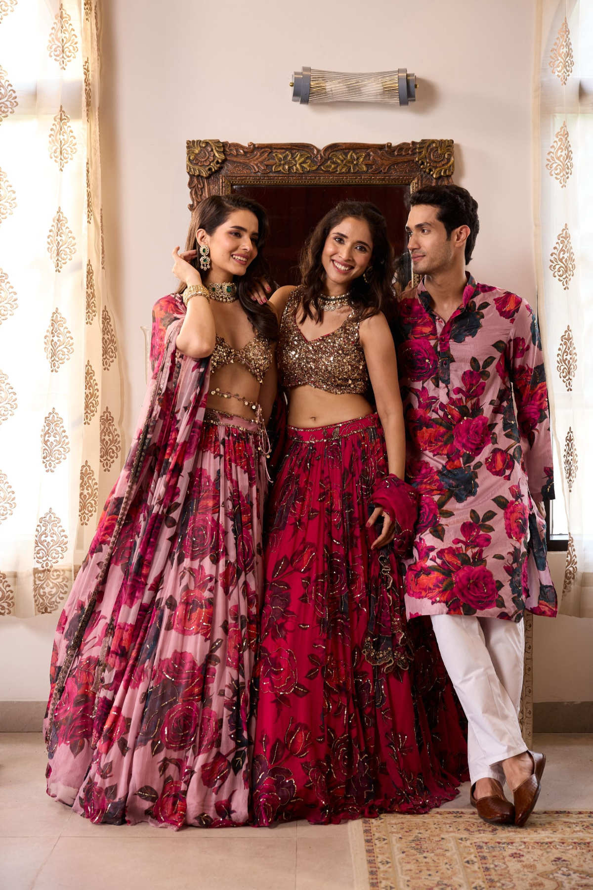 CARAMINE PINK CHIFFON FLORAL LEHENGA