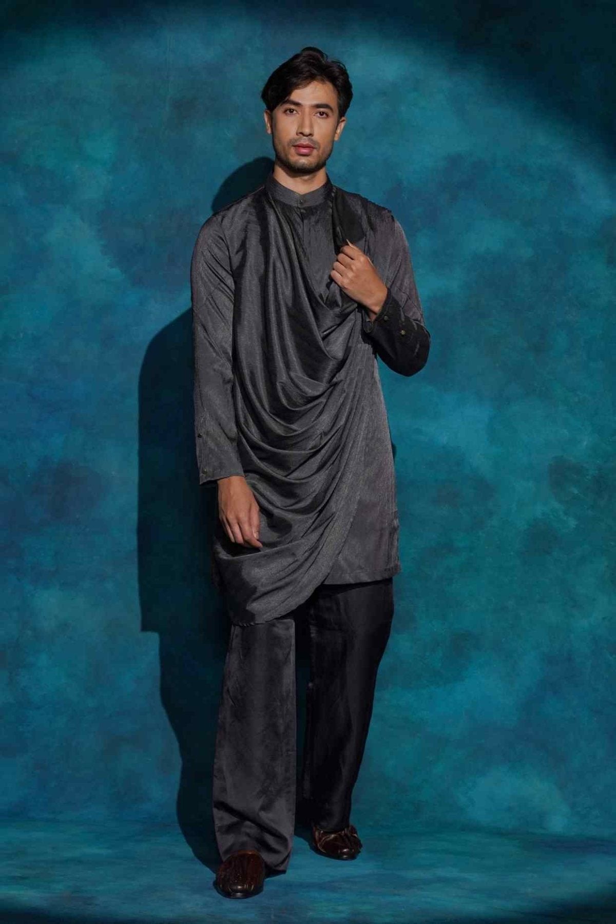 CHARCOAL GRAY LONG DRAPE KURTA SET