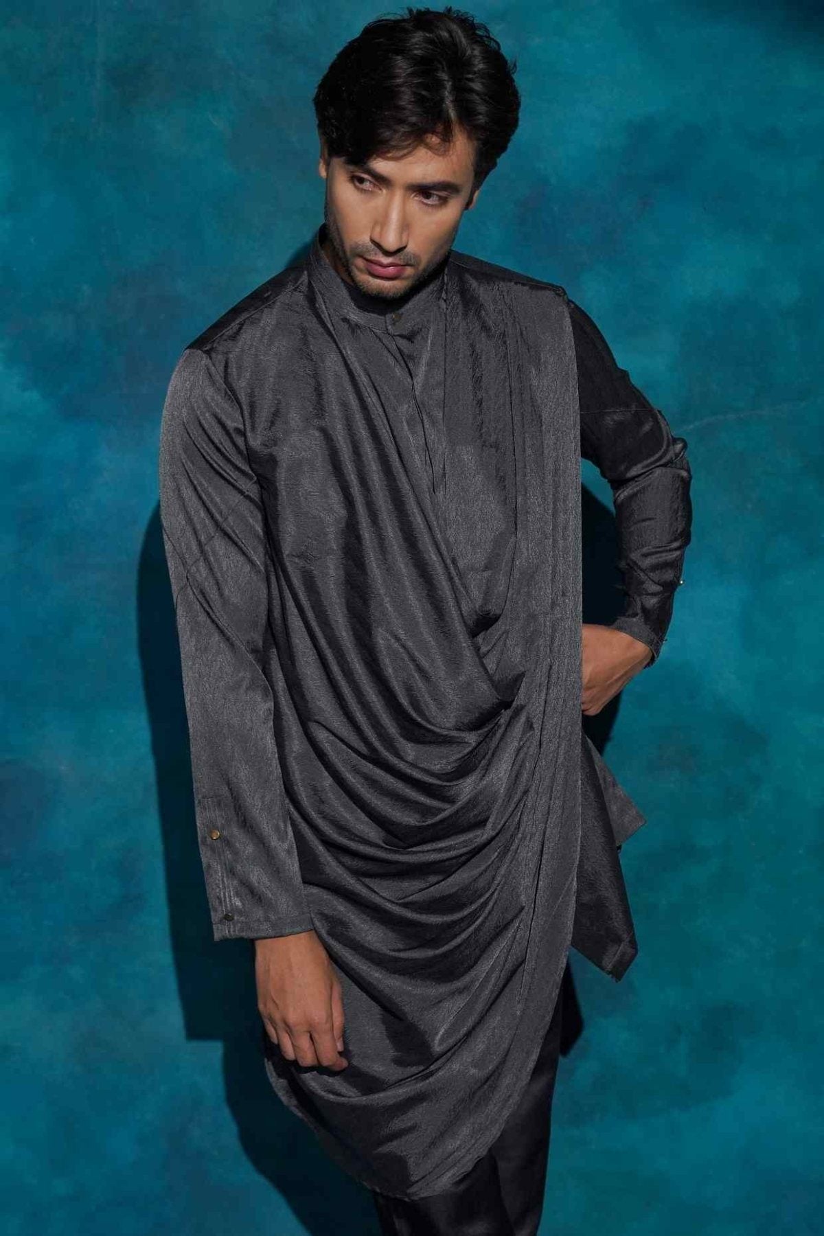 CHARCOAL GRAY LONG DRAPE KURTA SET