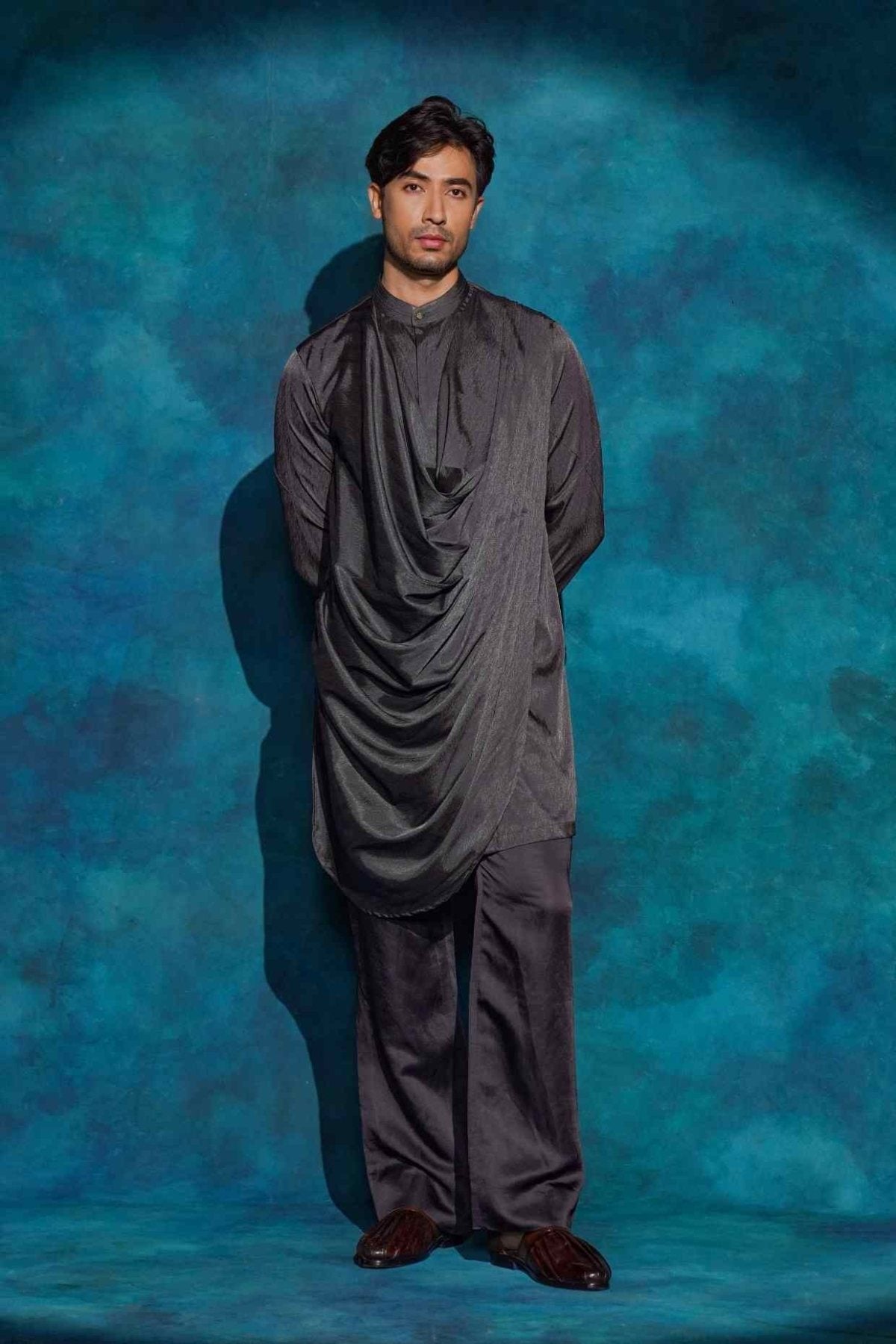 CHARCOAL GRAY LONG DRAPE KURTA SET
