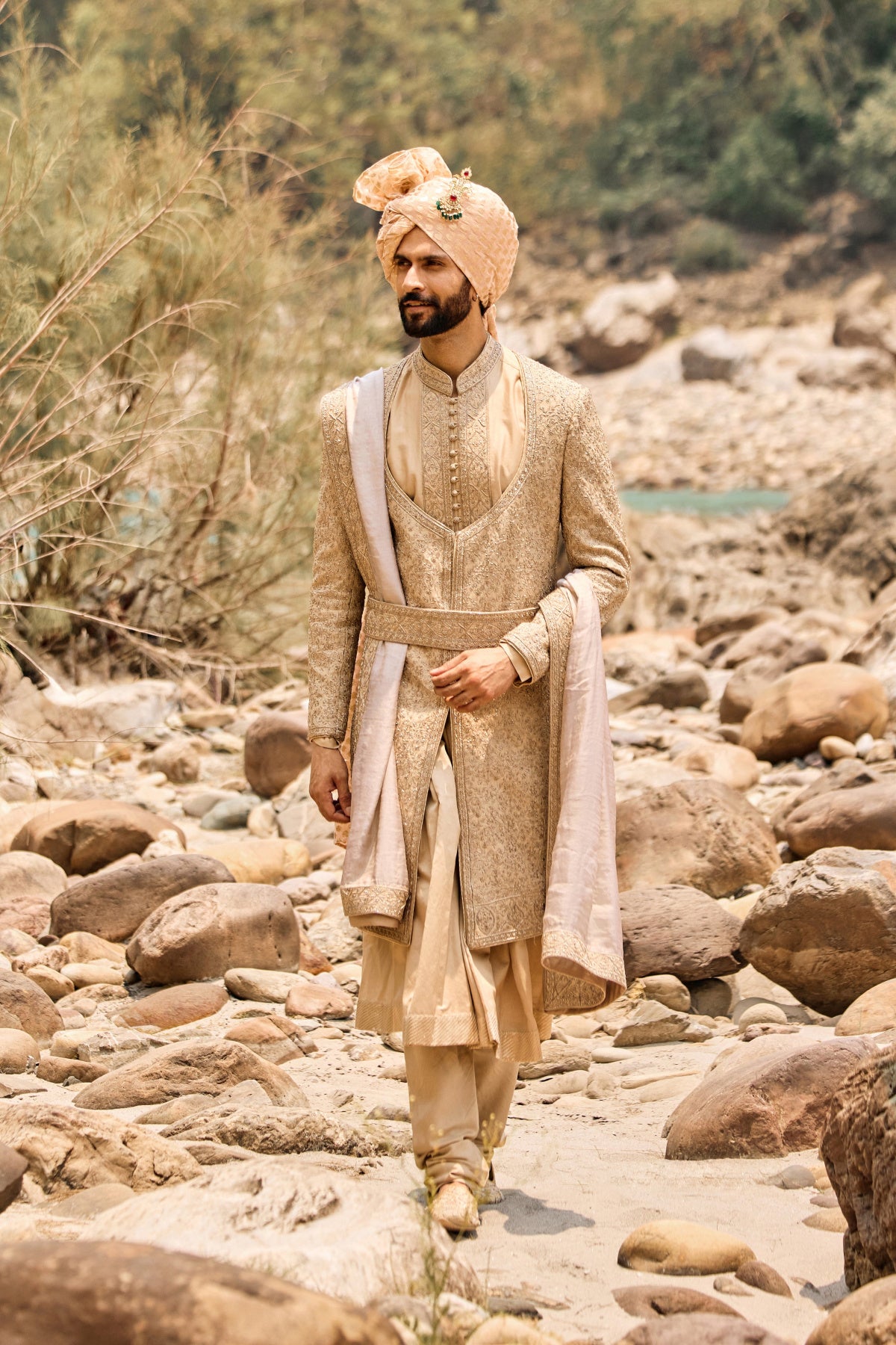 Fawn Angrakha Sherwani Set