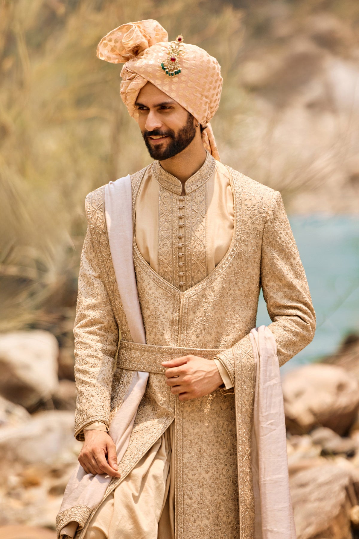 Fawn Angrakha Sherwani Set