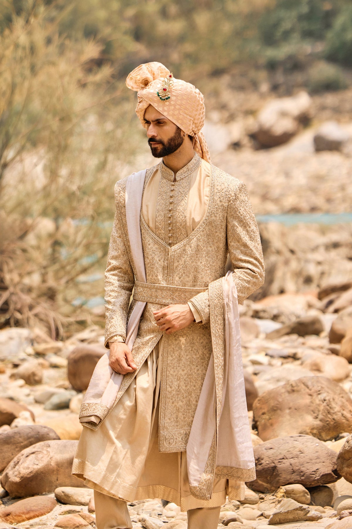 Fawn Angrakha Sherwani Set