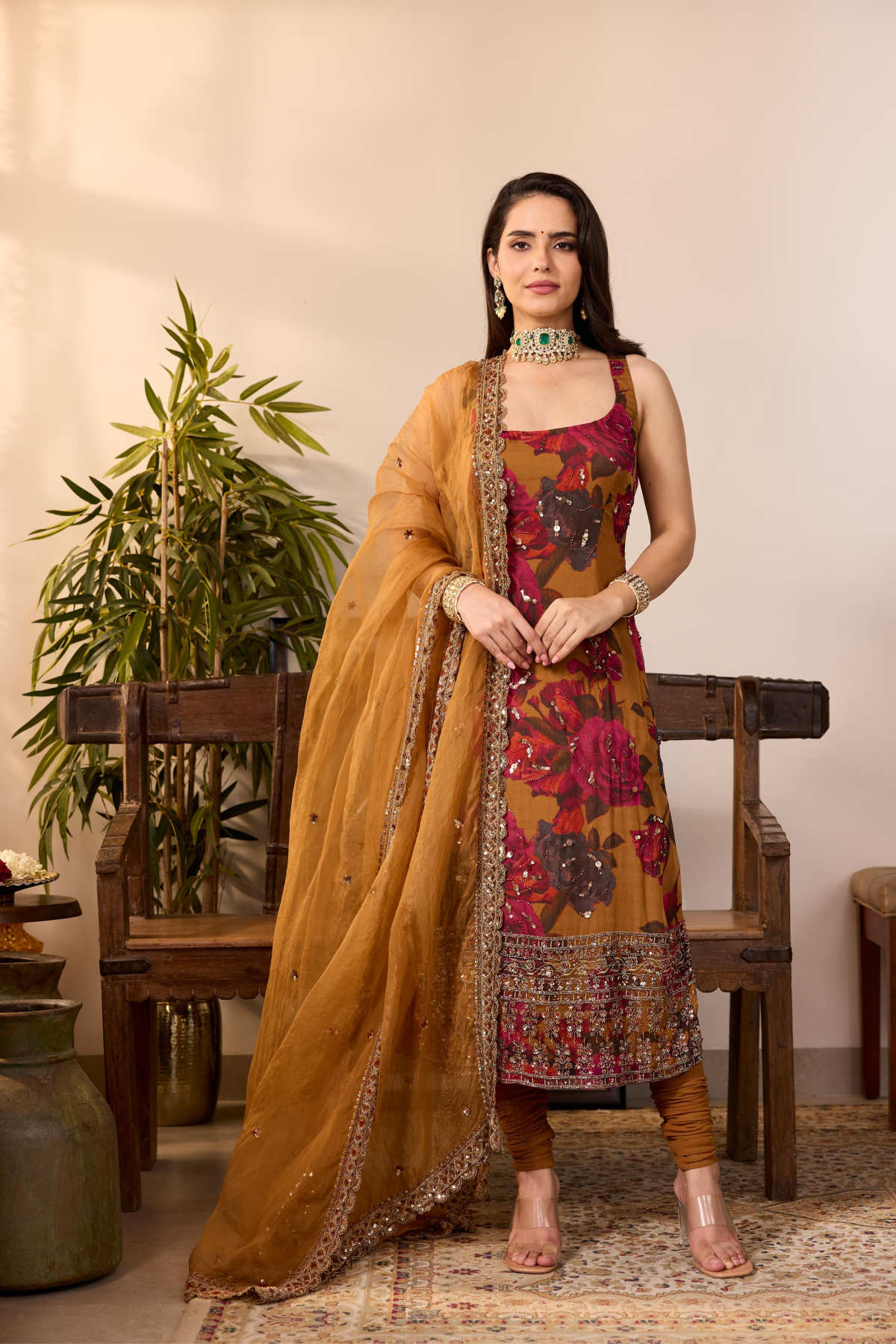 DARK MUSTARD CHIFFON FLORAL KURTI