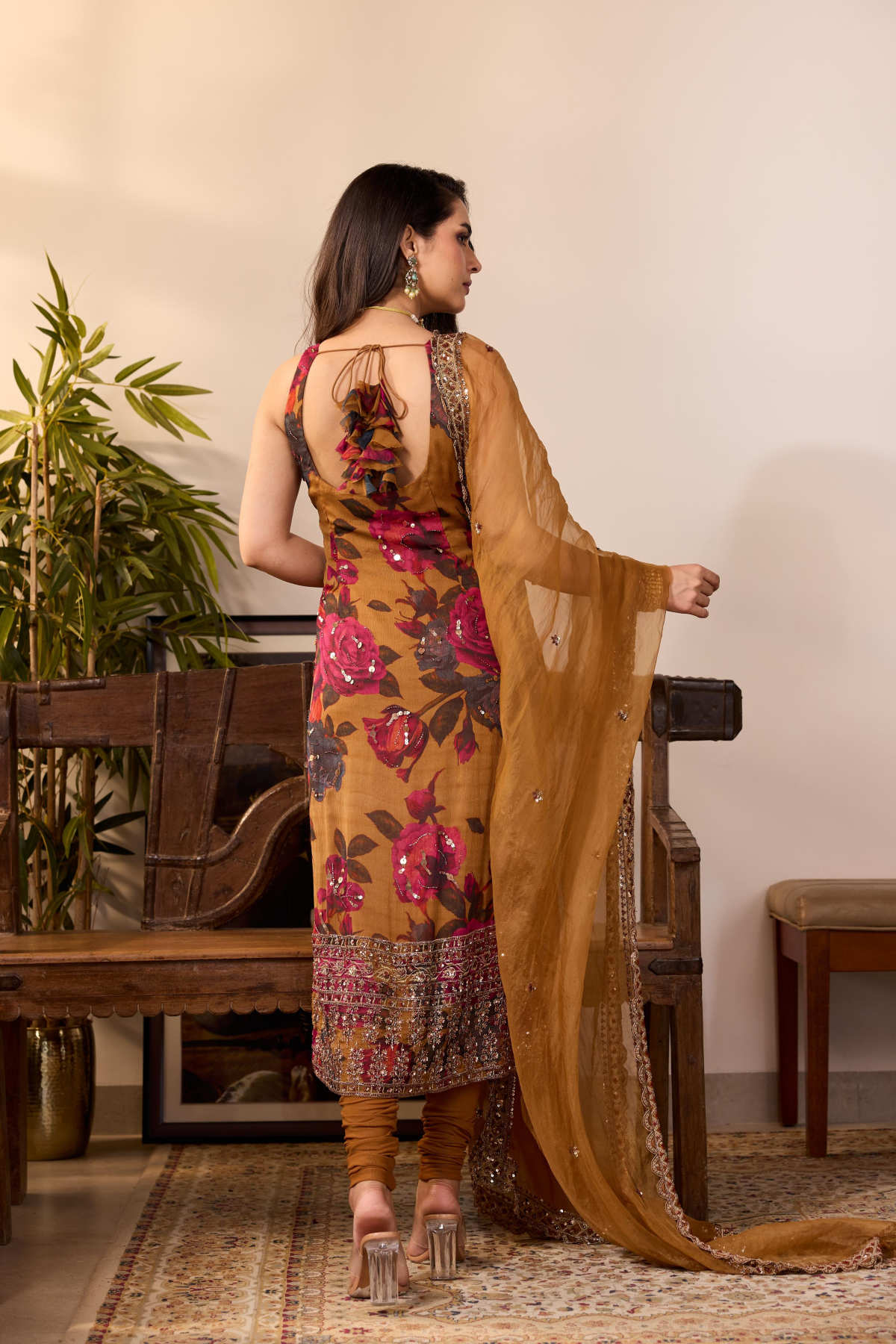 DARK MUSTARD CHIFFON FLORAL KURTI
