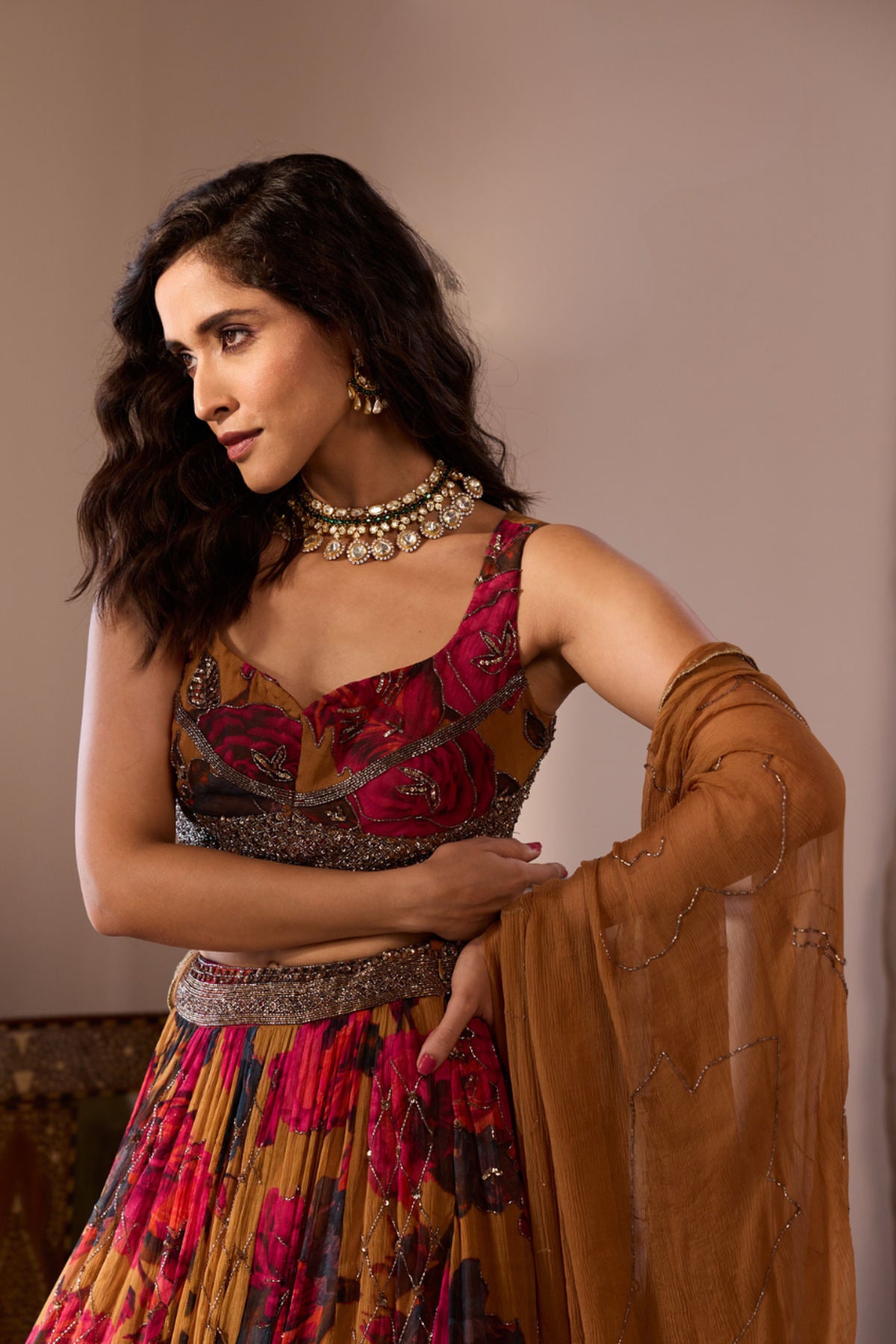 DARK MUSTARD CHIFFON FLORAL LEHENGA