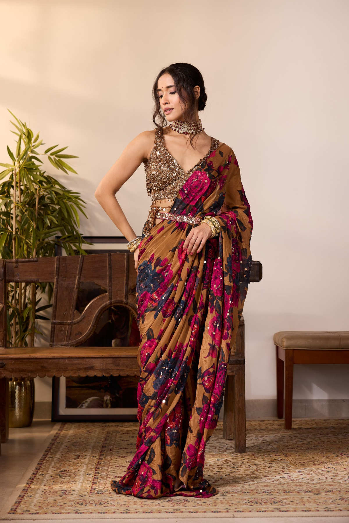 DARK MUSTARD CHIFFON FLORAL SAREE SET