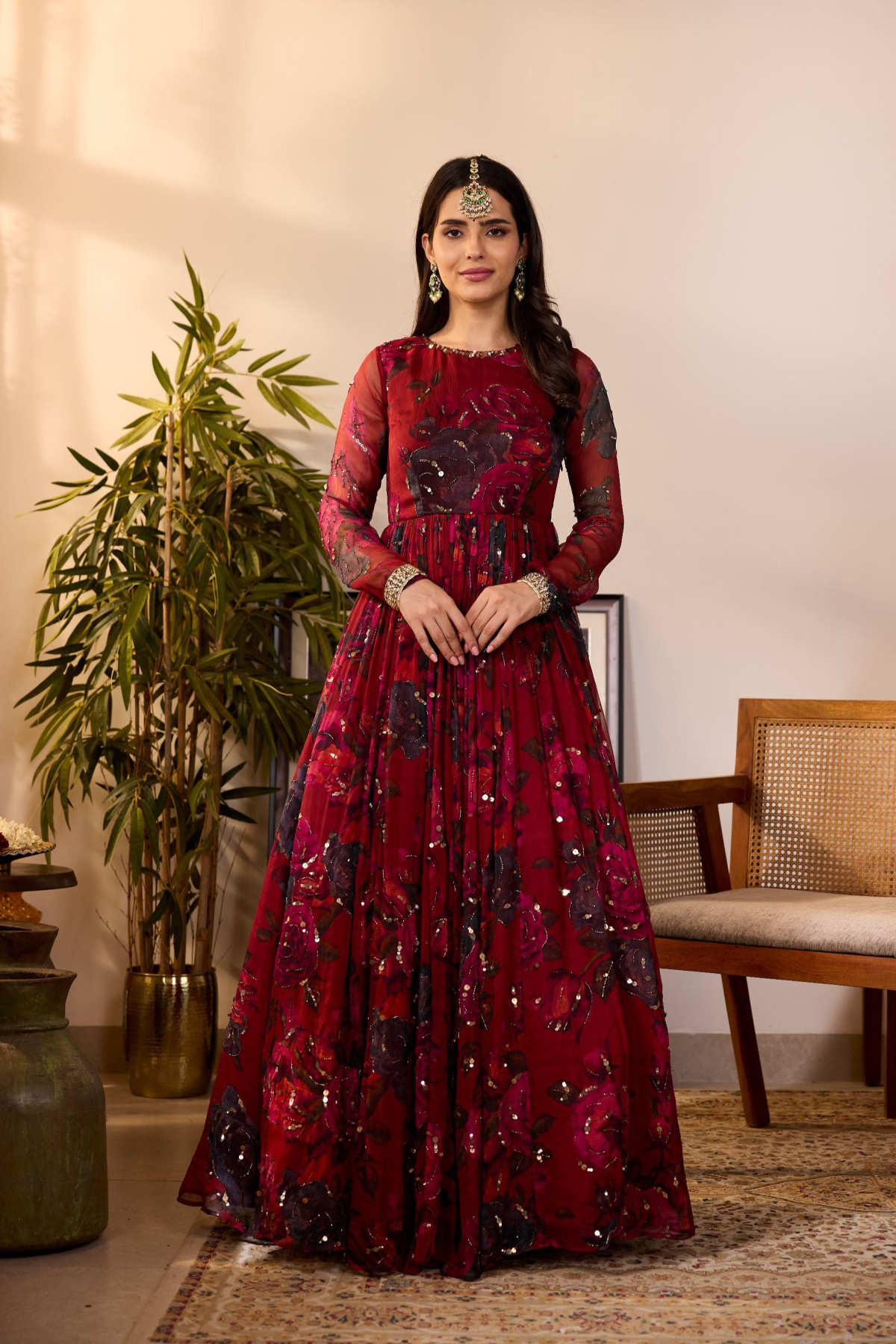 DEEP RED CHIFFON FLORAL ANARKALI
