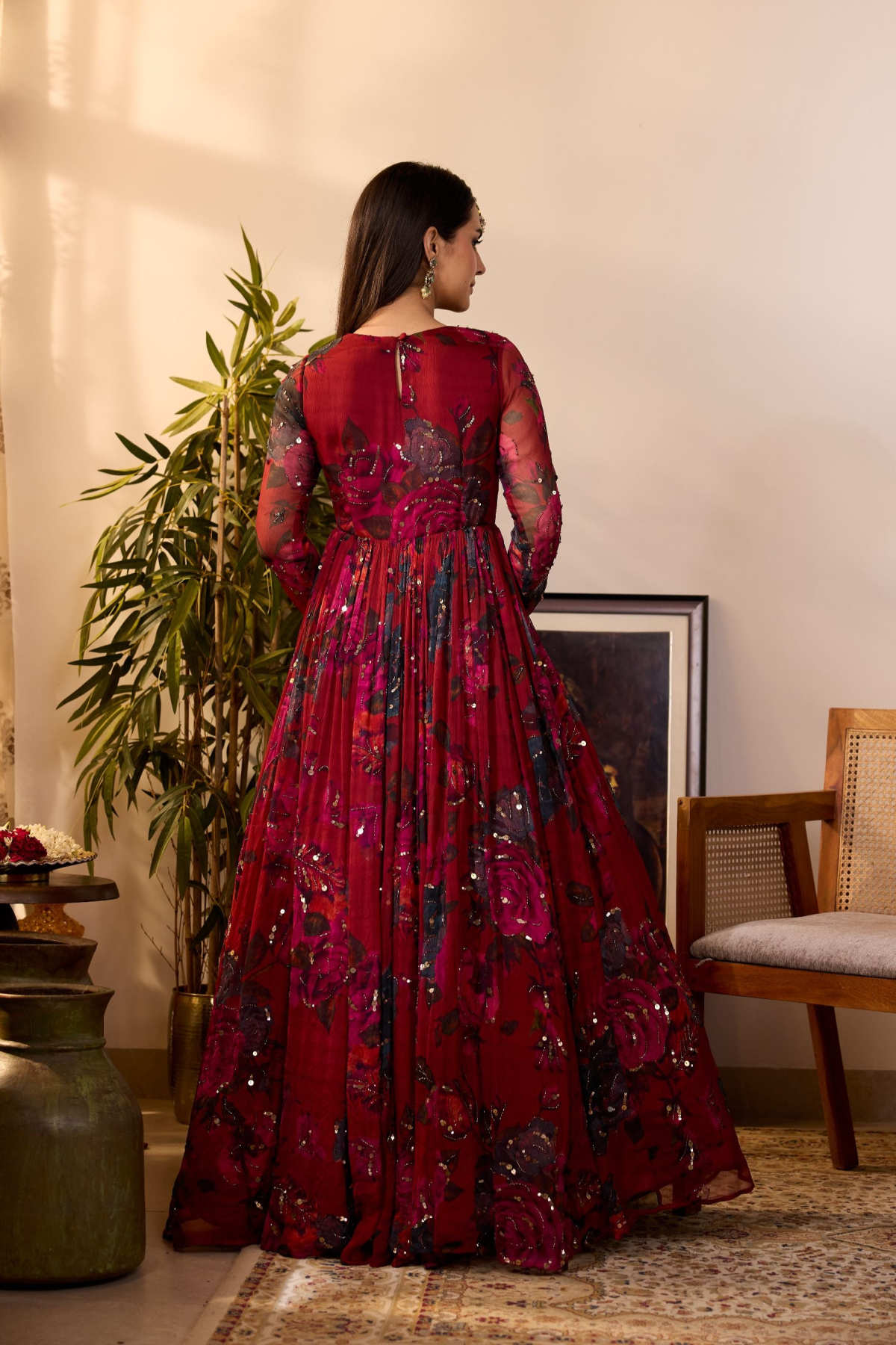 DEEP RED CHIFFON FLORAL ANARKALI