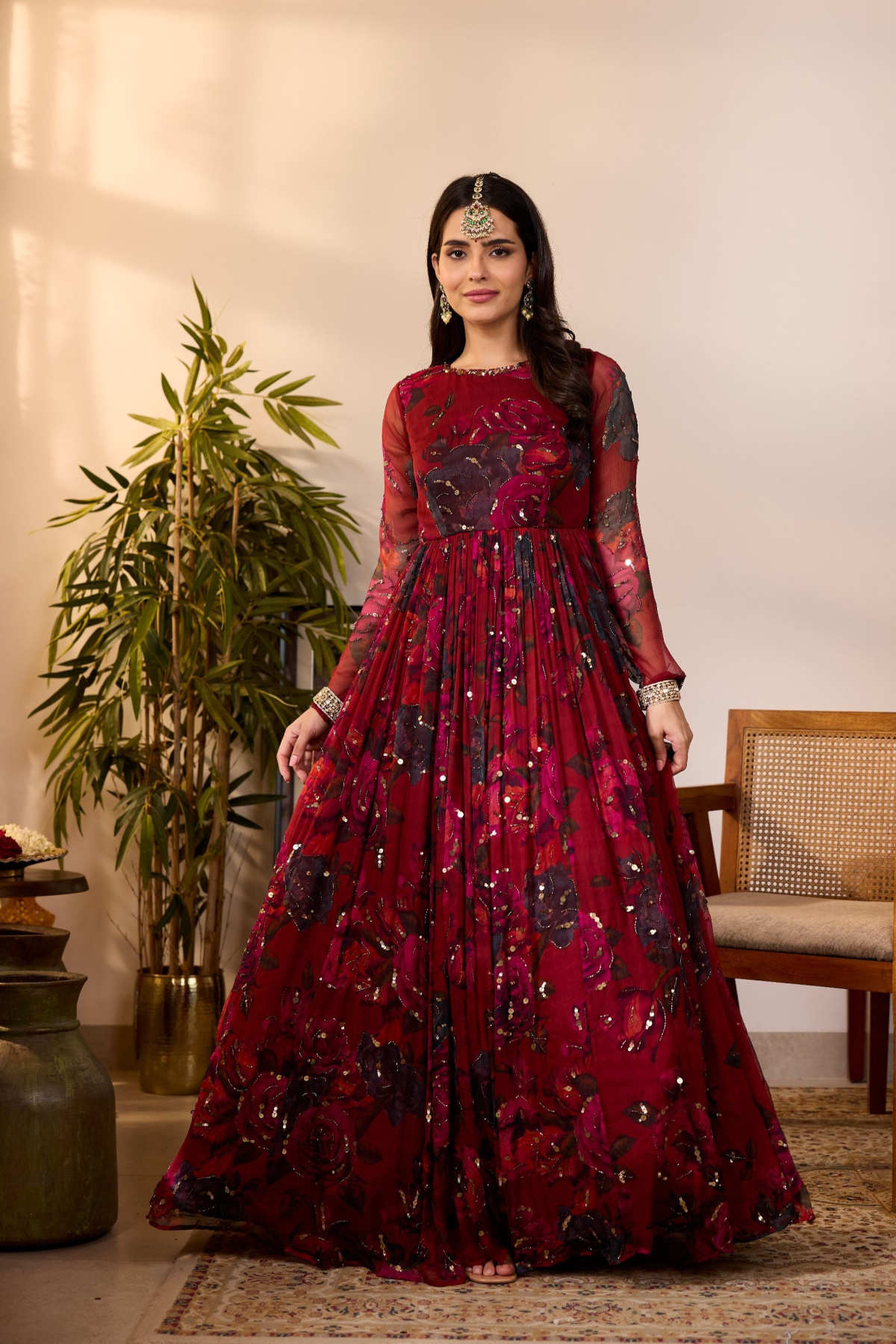 DEEP RED CHIFFON FLORAL ANARKALI