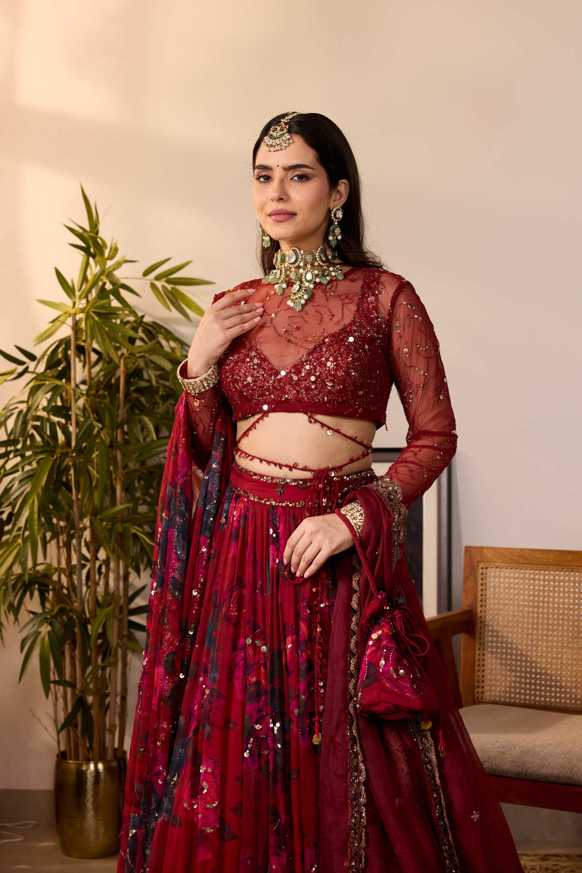 DEEP RED CHIFFON FLORAL LEHENGA