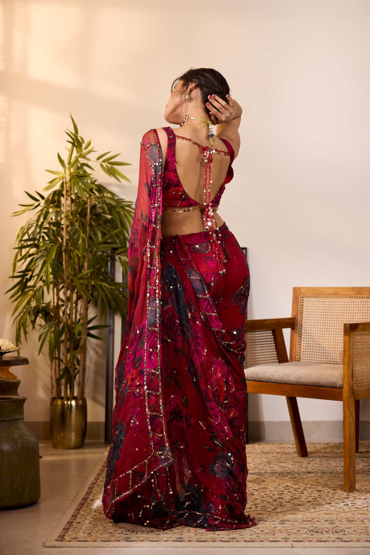 DEEP RED CHIFFON FLORAL SAREE