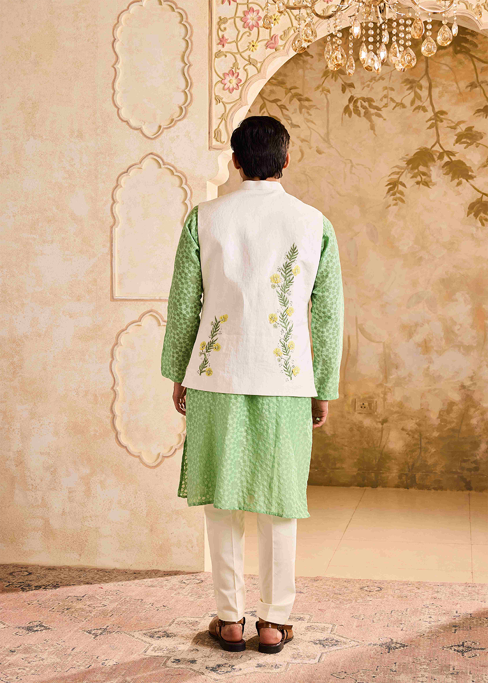 Ivory Bundi Jacket with Jade Kurta Churidar