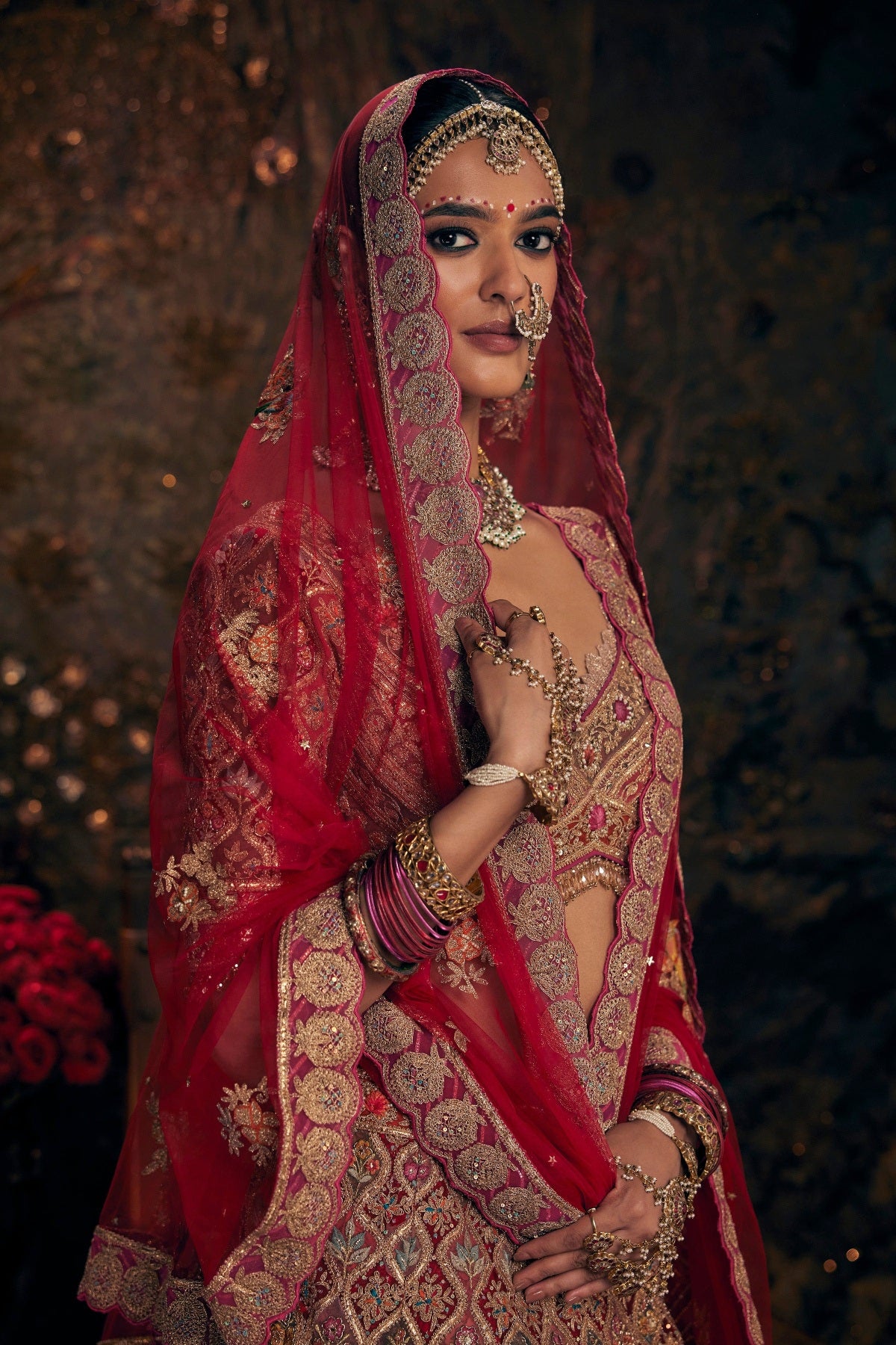 Garnet Red Floral Embroidered Lehenga