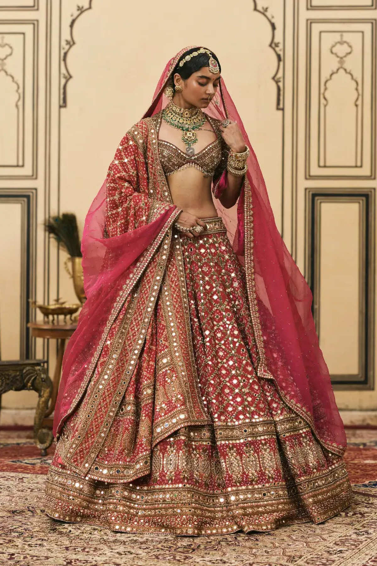 Gulabi Bandhej Georgette Lehenga Set