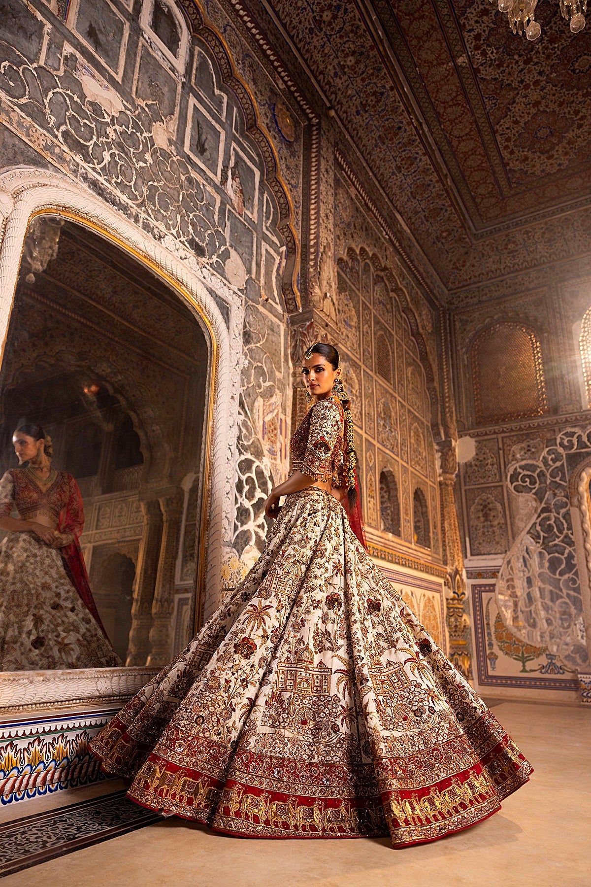 Ivory Bridal Lehenga with Red Blouse & Net Dupatta