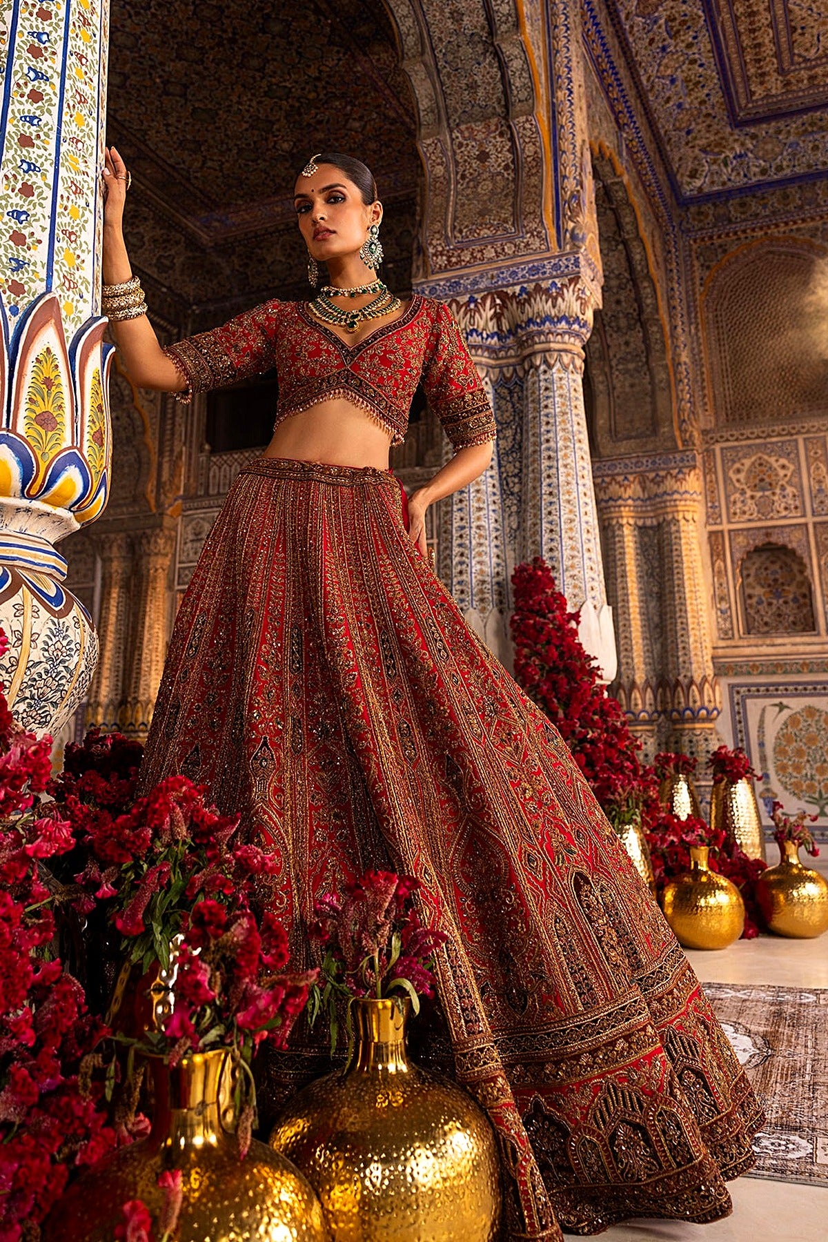Red Bridal Lehenga with Antique Gold Embroidery