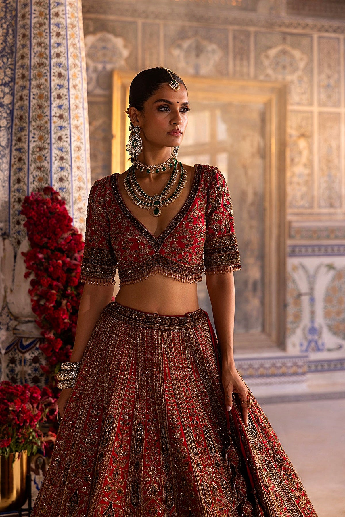 Red Bridal Lehenga with Antique Gold Embroidery