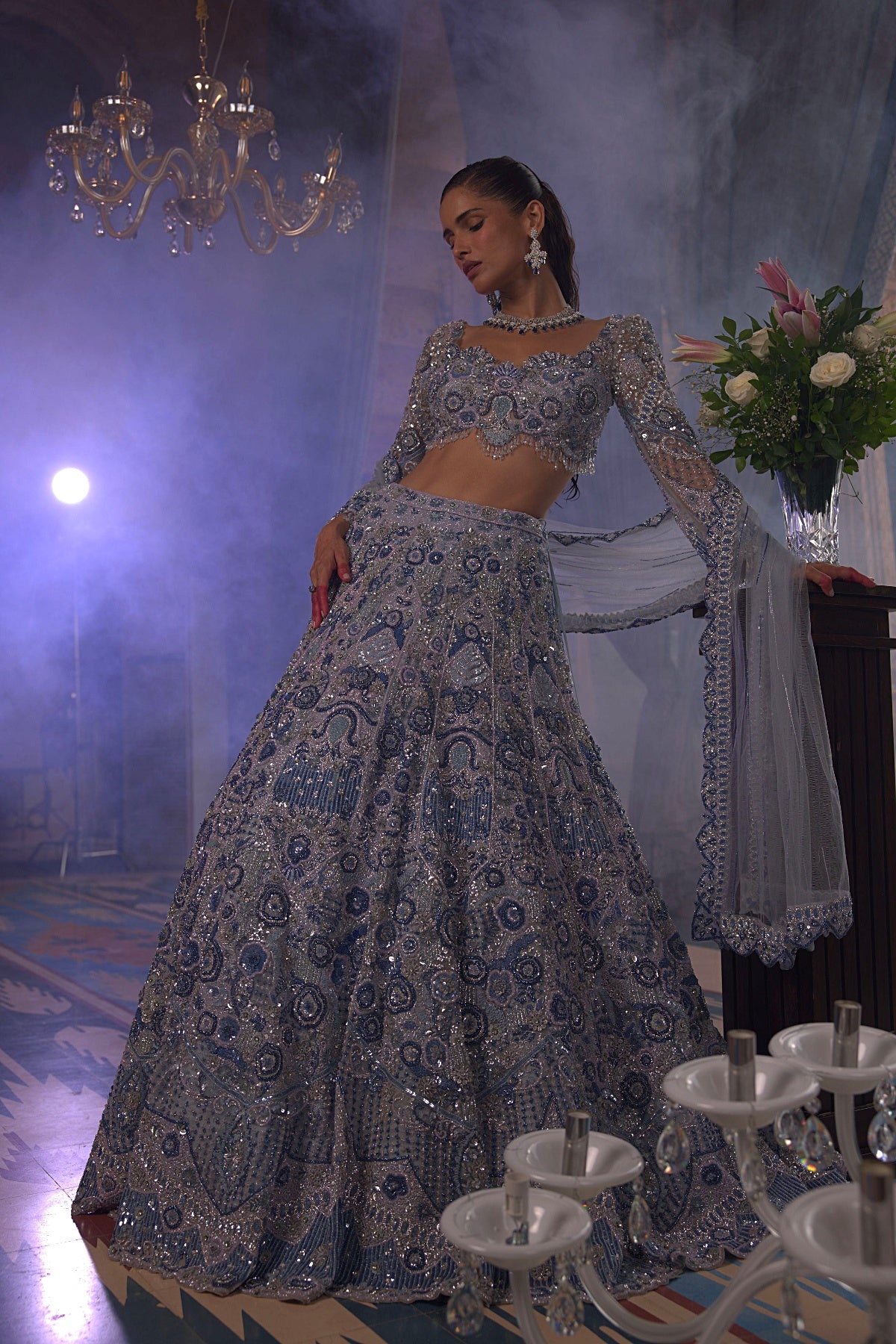 Midnight Blue 3D Floral Embroidered Lehenga Set