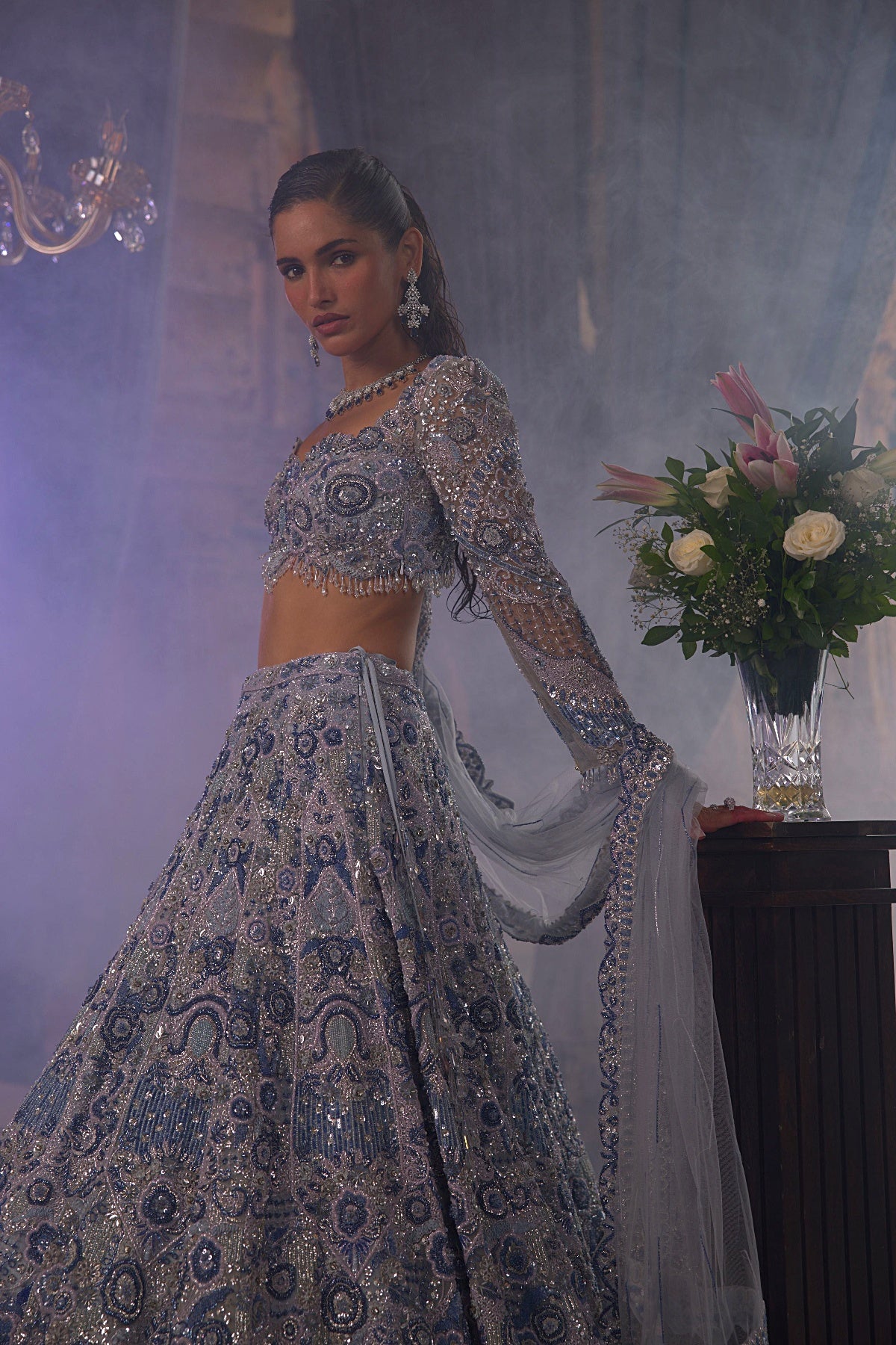 Midnight Blue 3D Floral Embroidered Lehenga Set