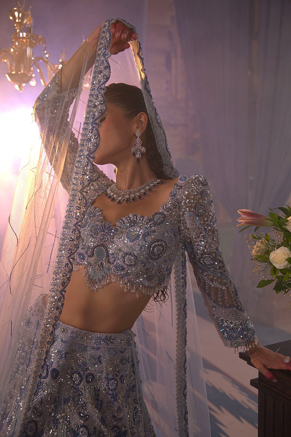 Midnight Blue 3D Floral Embroidered Lehenga Set