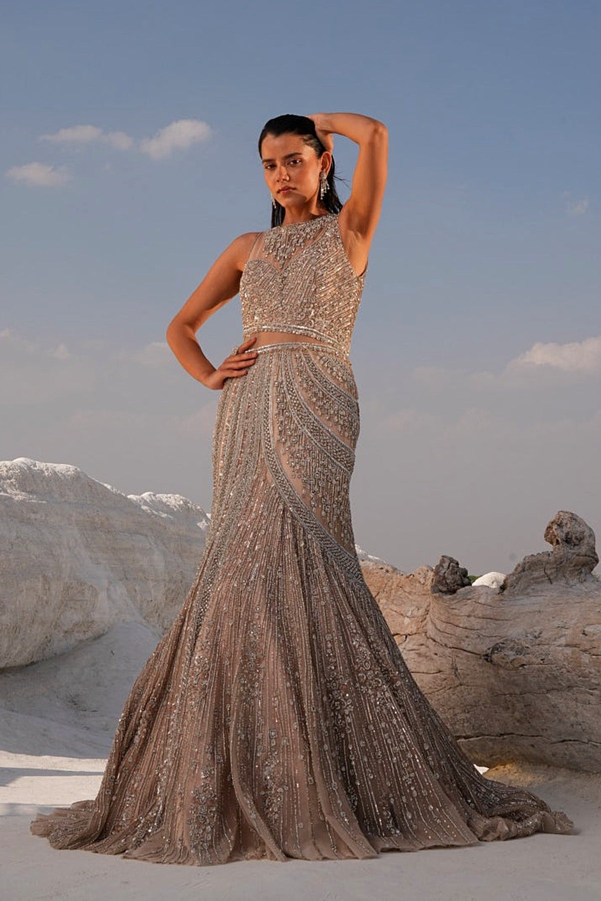 GOLD FISH CUT EMBELLISHED GOWN